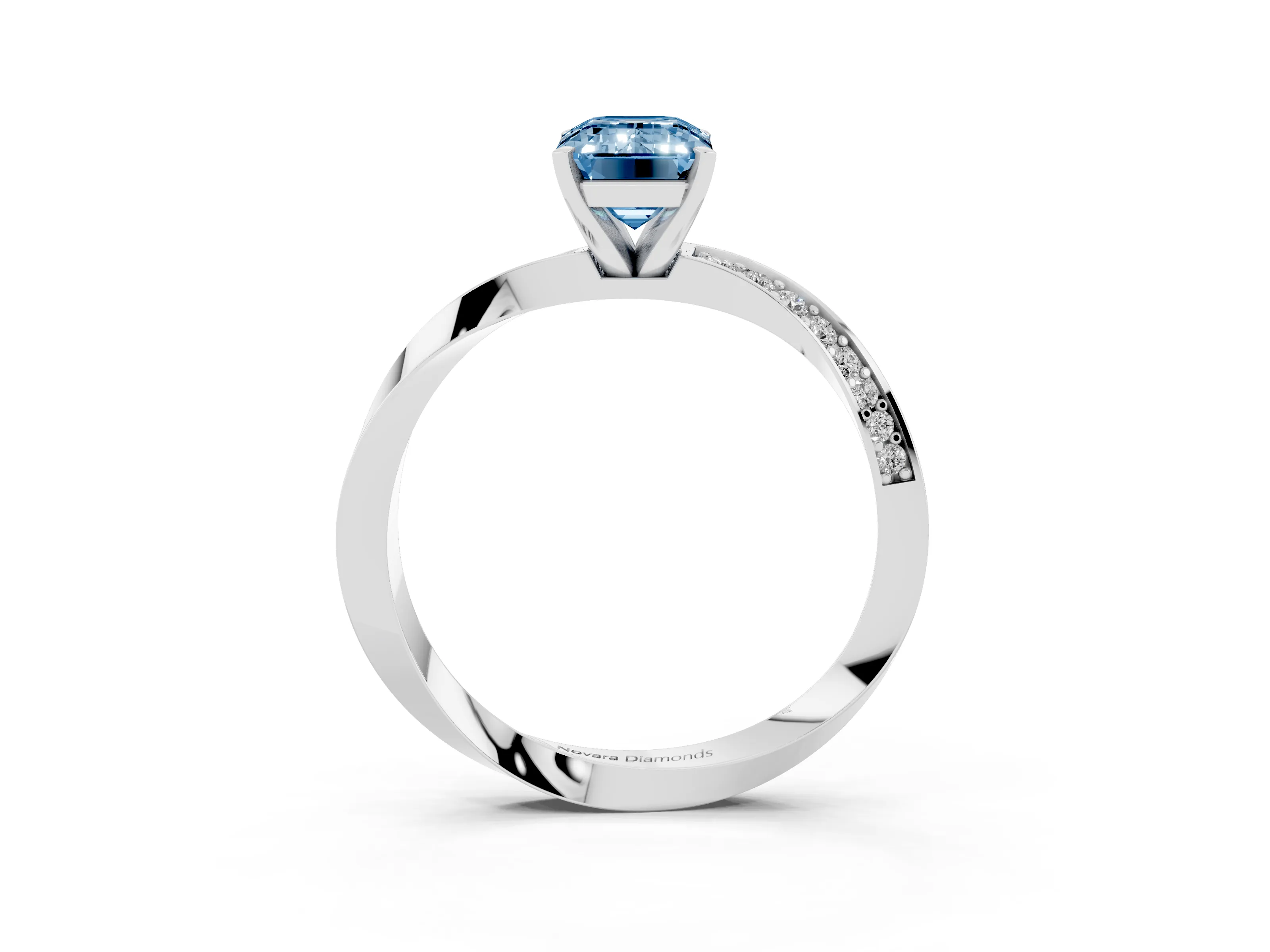Fancy Blue Emerald Cut Diamond Engagement Ring Set in Silver with Side Stone Accents and Prong Setting