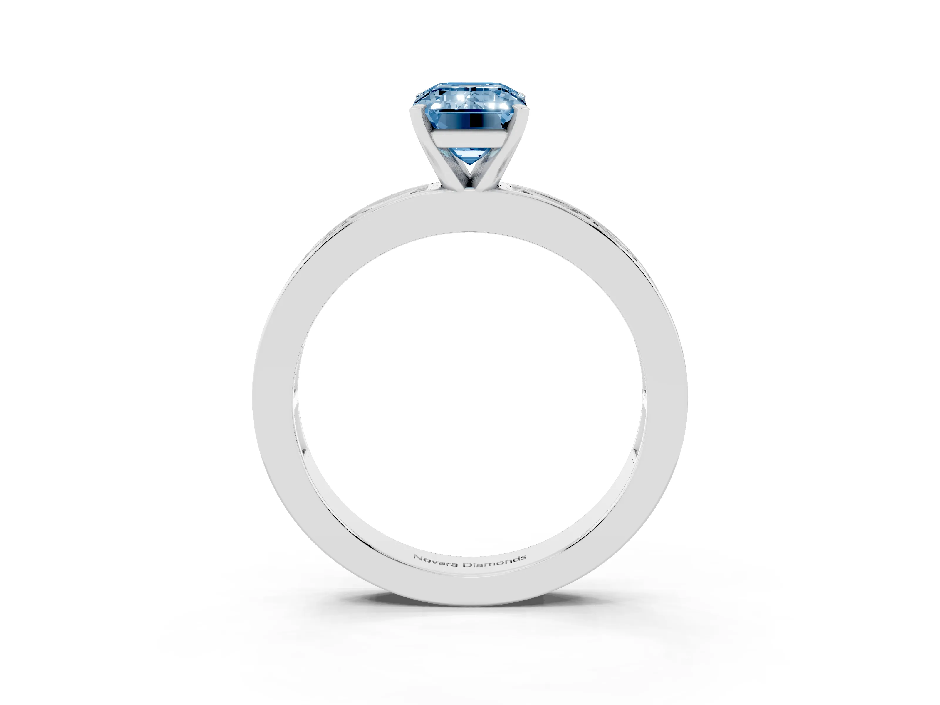 Fancy Blue Emerald Cut Diamond Solitaire Ring Set in White gold with Channel-Set Baguette Band and Prong Setting