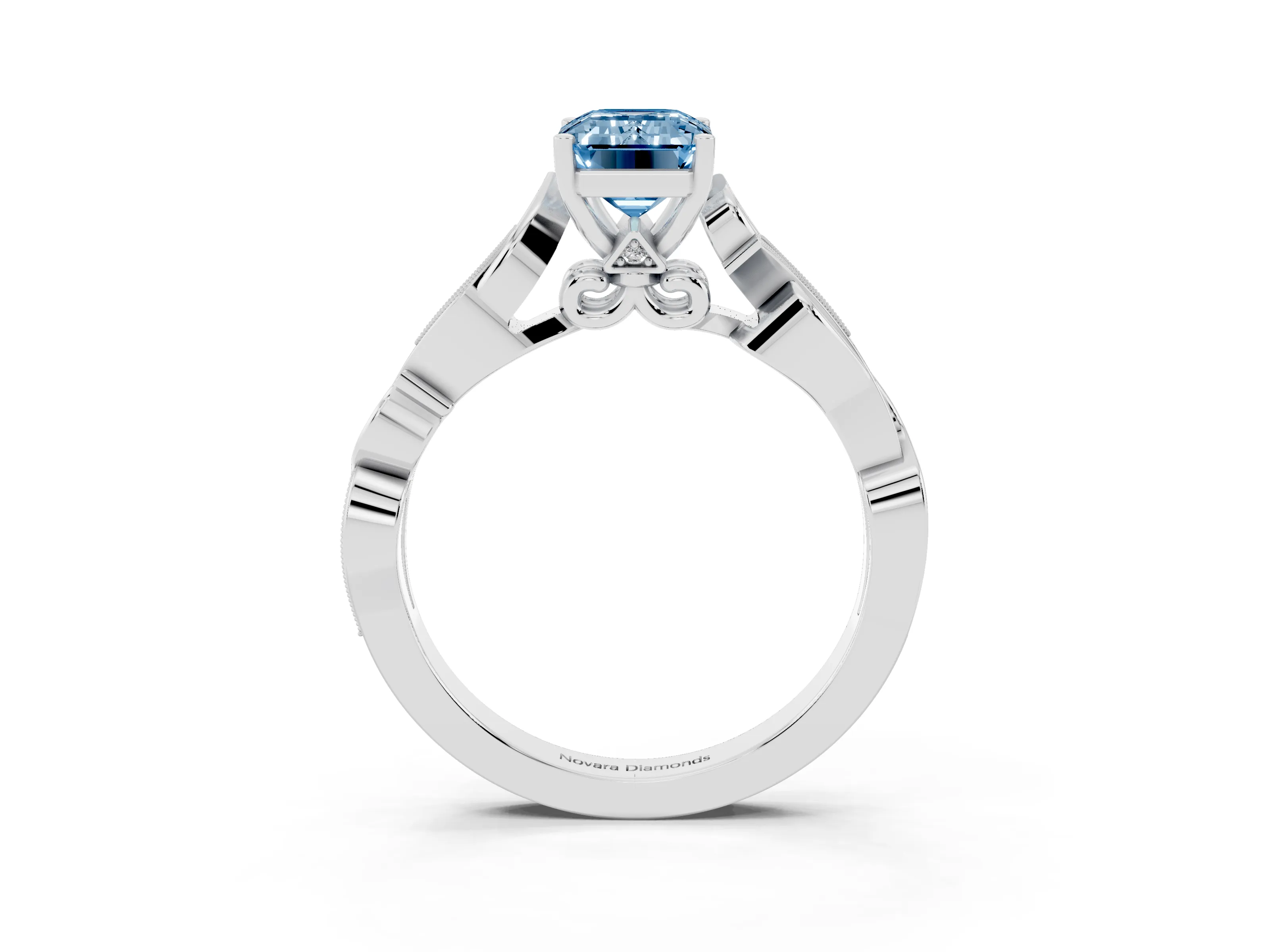 Fancy Blue Emerald Cut Diamond Vine Band Solitaire Ring Set in White gold with Milgrain Prong Setting
