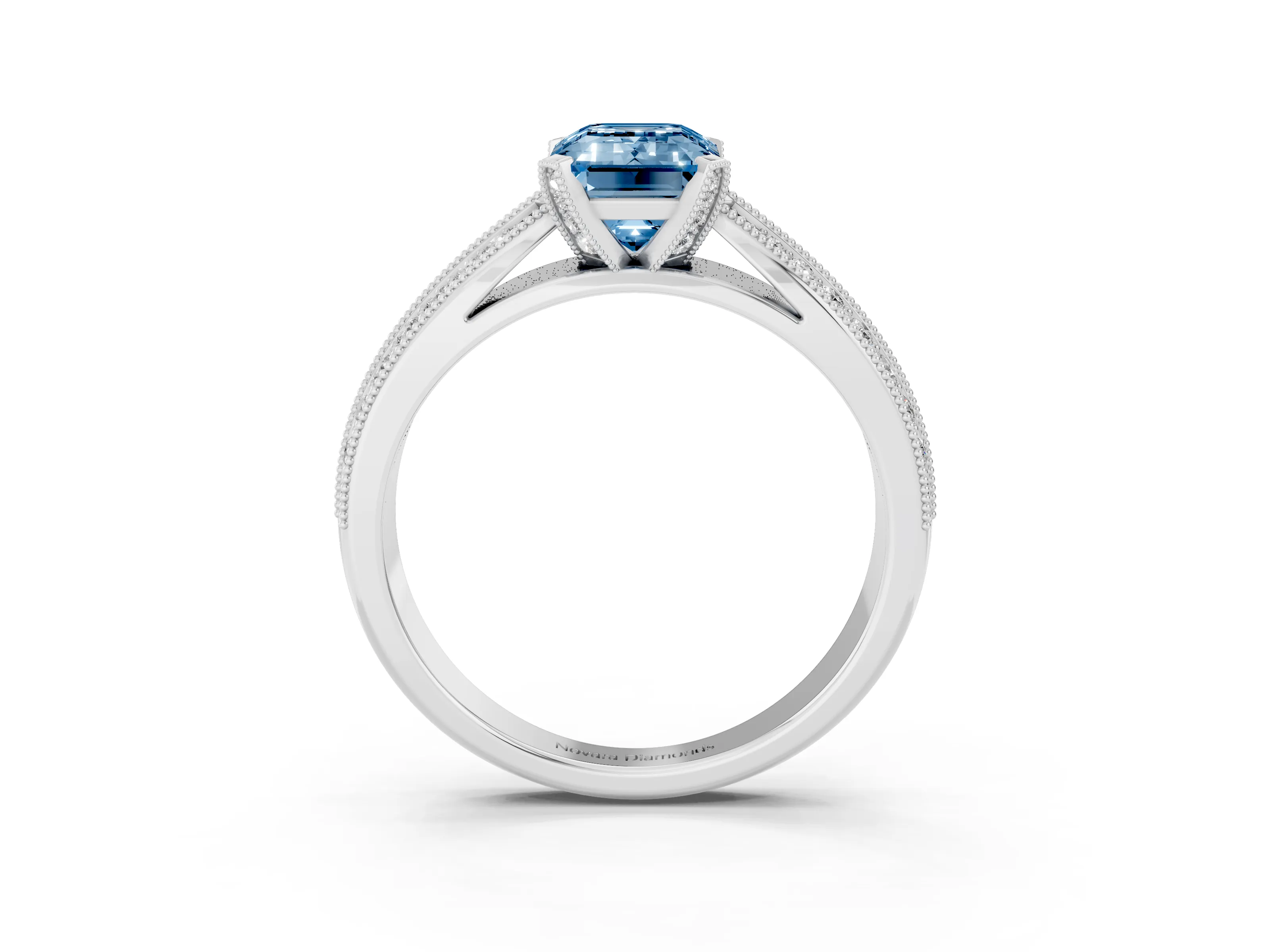 Fancy Blue Emerald Cut Diamond Solitaire Ring Set in Silver with Milgrain Double Row Round Pavé Band