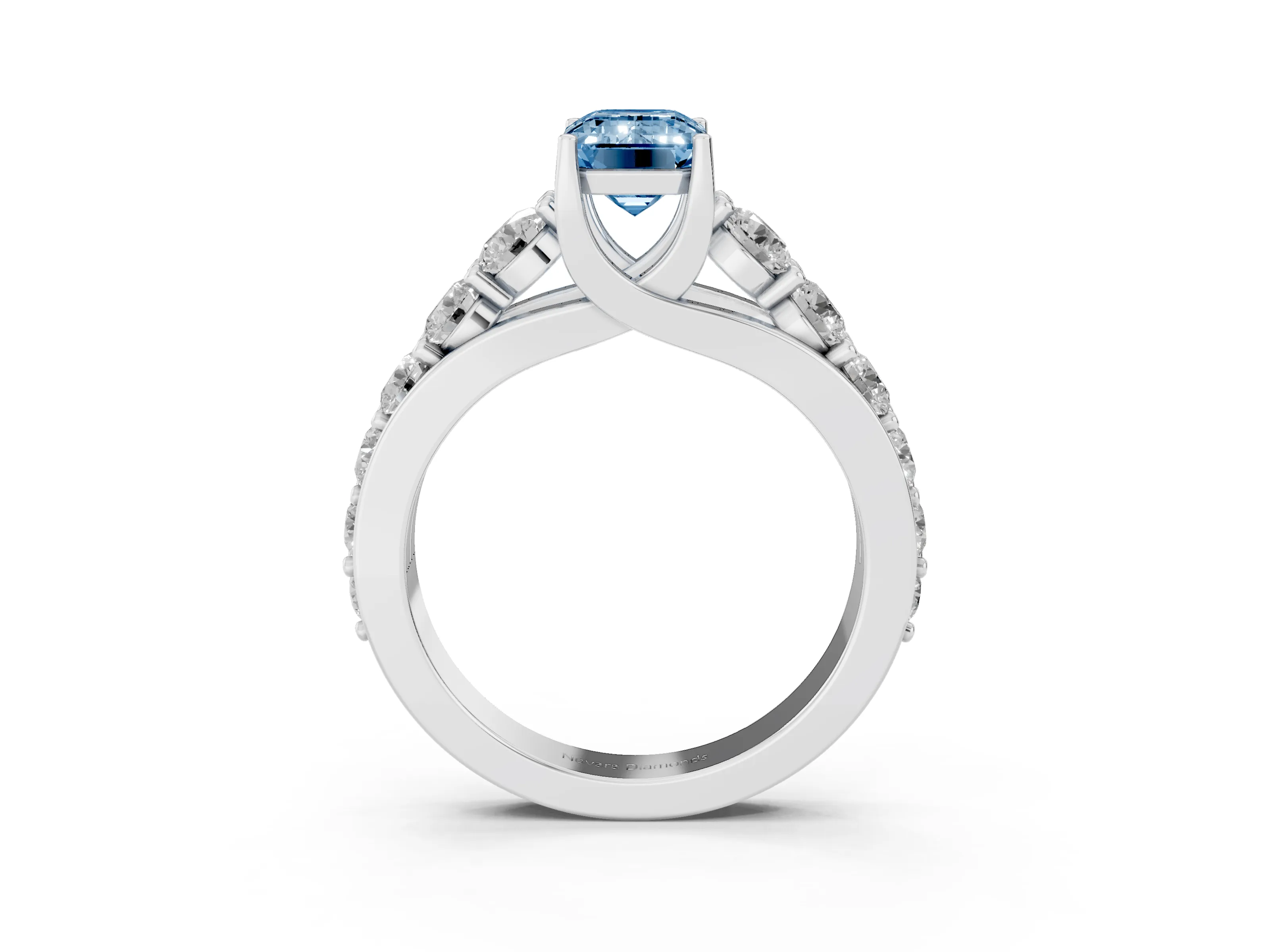 Fancy Blue Emerald Cut Diamond Pavé Engagement Ring Set in Platinum with Prong Setting