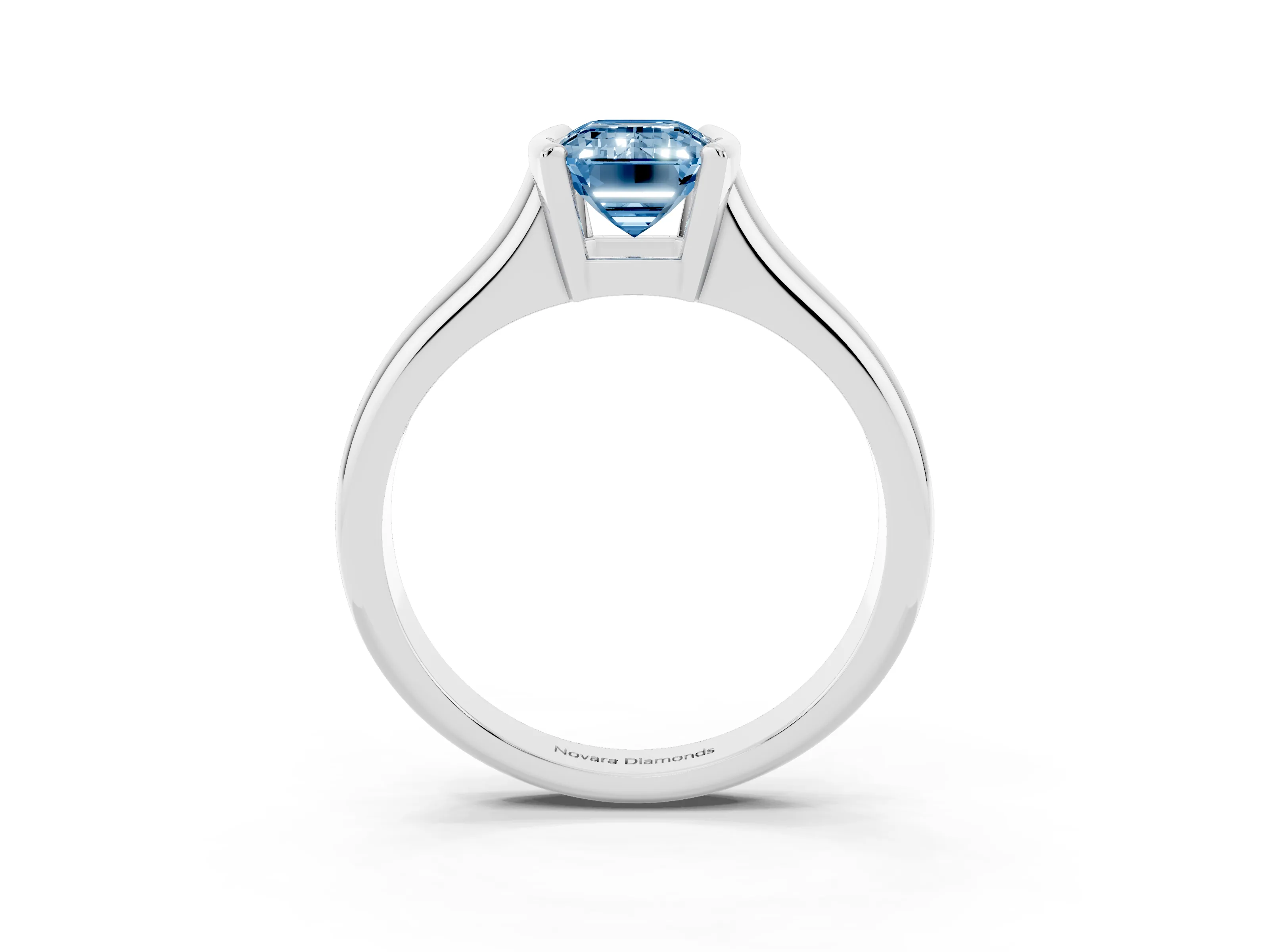 Fancy Blue Emerald Cut Diamond Solitaire Tension Set Ring Set in White gold with Split Shank Band