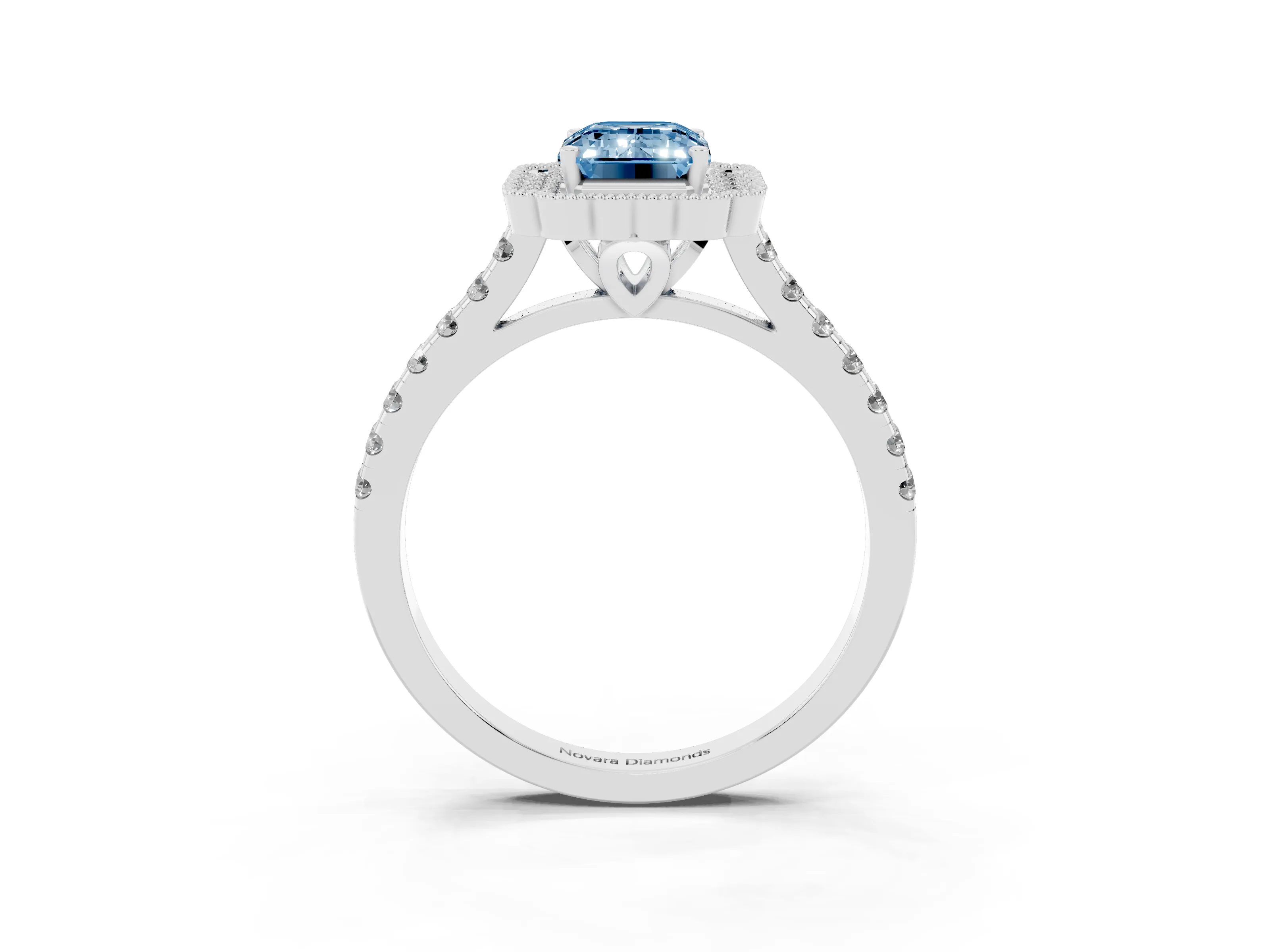 Fancy Blue Emerald Cut Diamond Milgrain Floral Halo Engagement Ring Set in White gold with Pavé Band