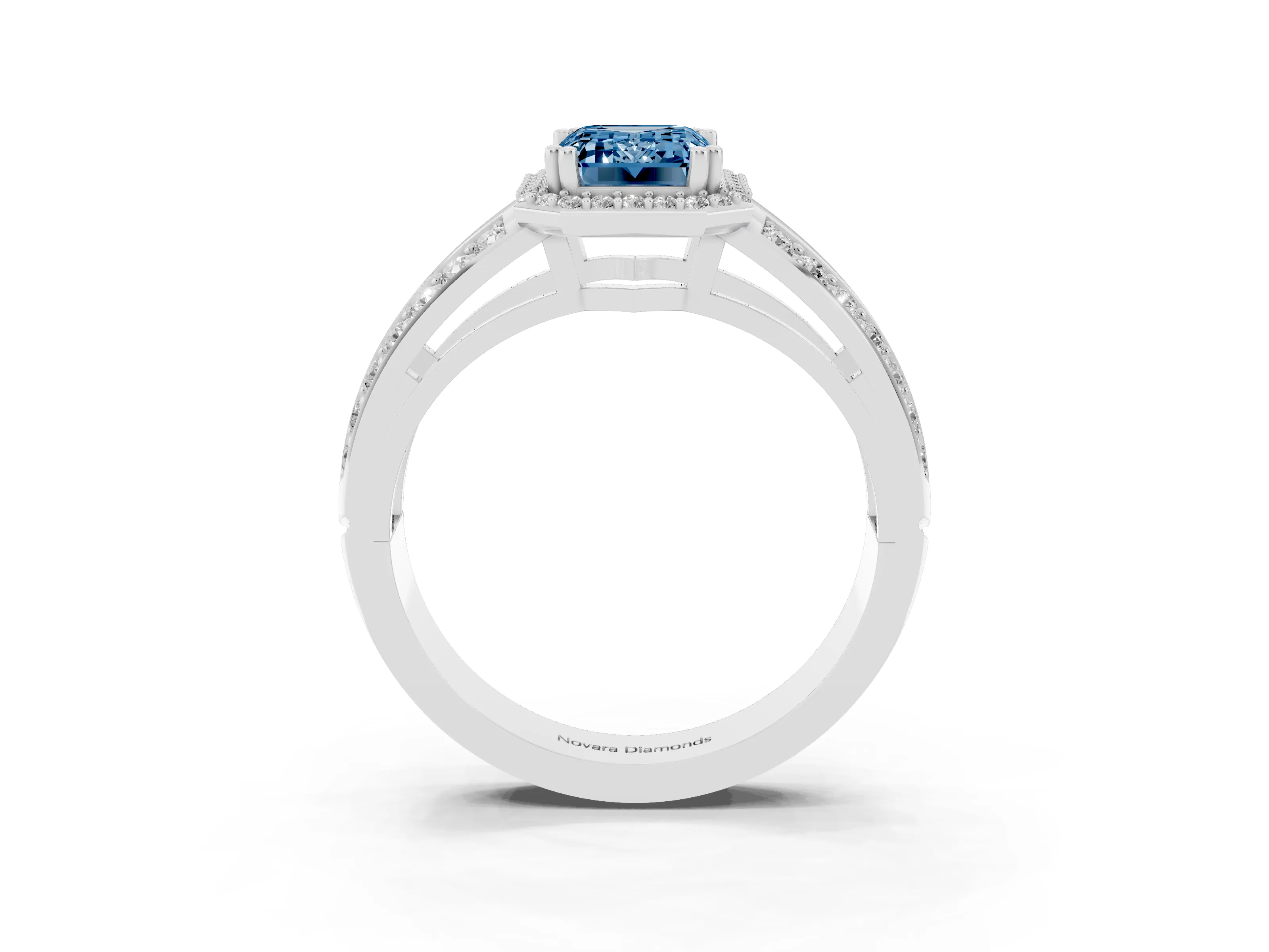 Fancy Blue Emerald Cut Diamond Halo Ring Set in White gold with Double Pavé Split Shank
