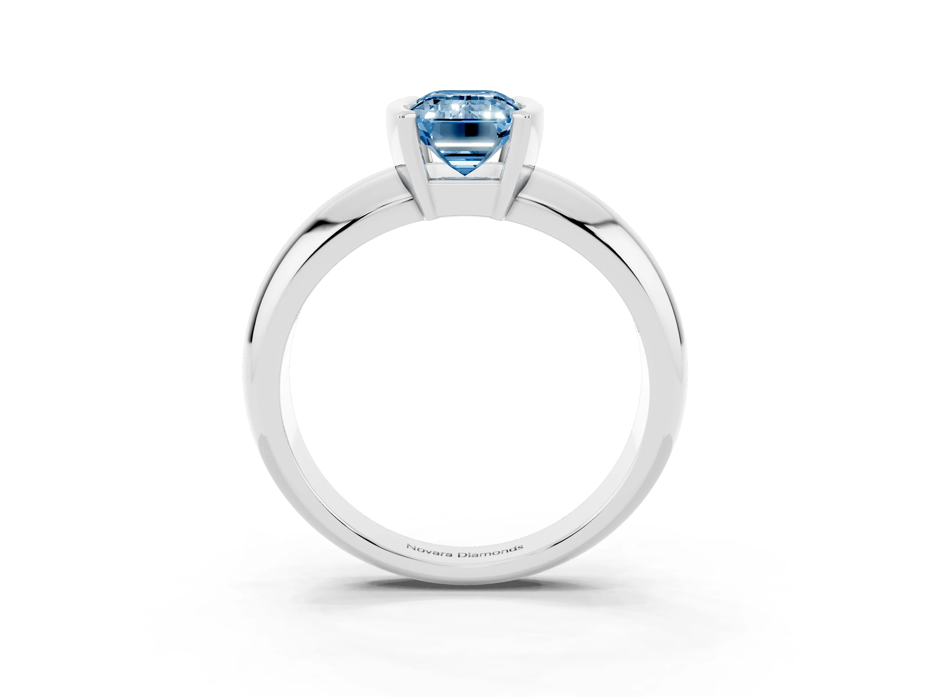 Fancy Blue Emerald Cut Diamond Solitaire Tension Set Ring Set in Platinum with Wide Band