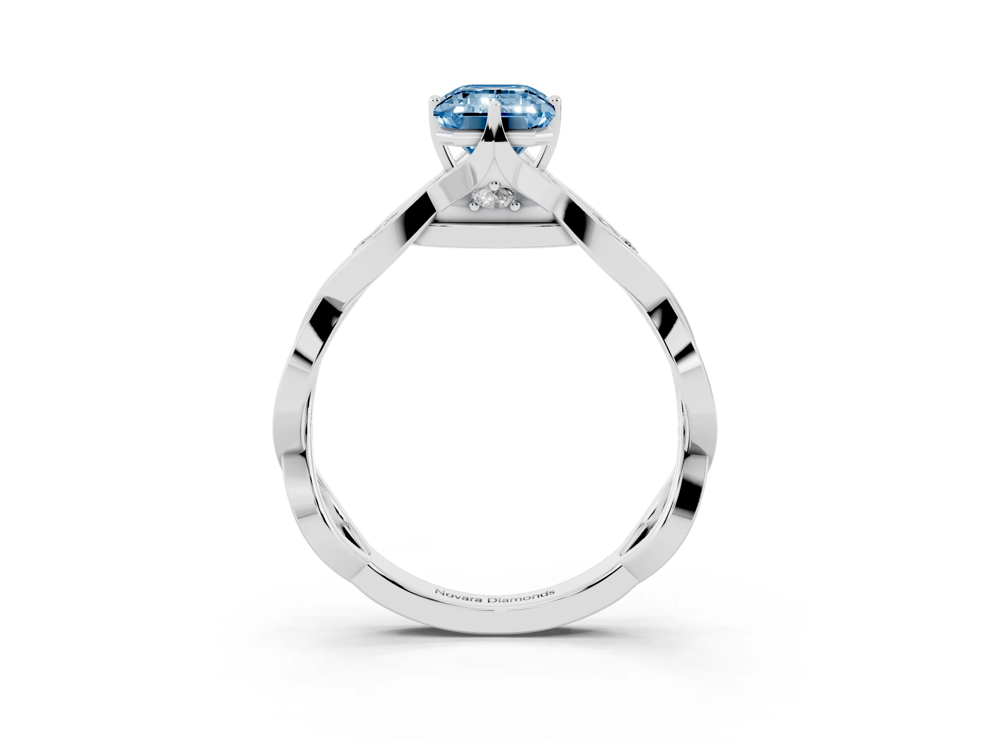 Fancy Blue Emerald Cut Diamond Twist Band Solitaire Ring Set in Silver with Leaf Prong Setting and Accent Stones