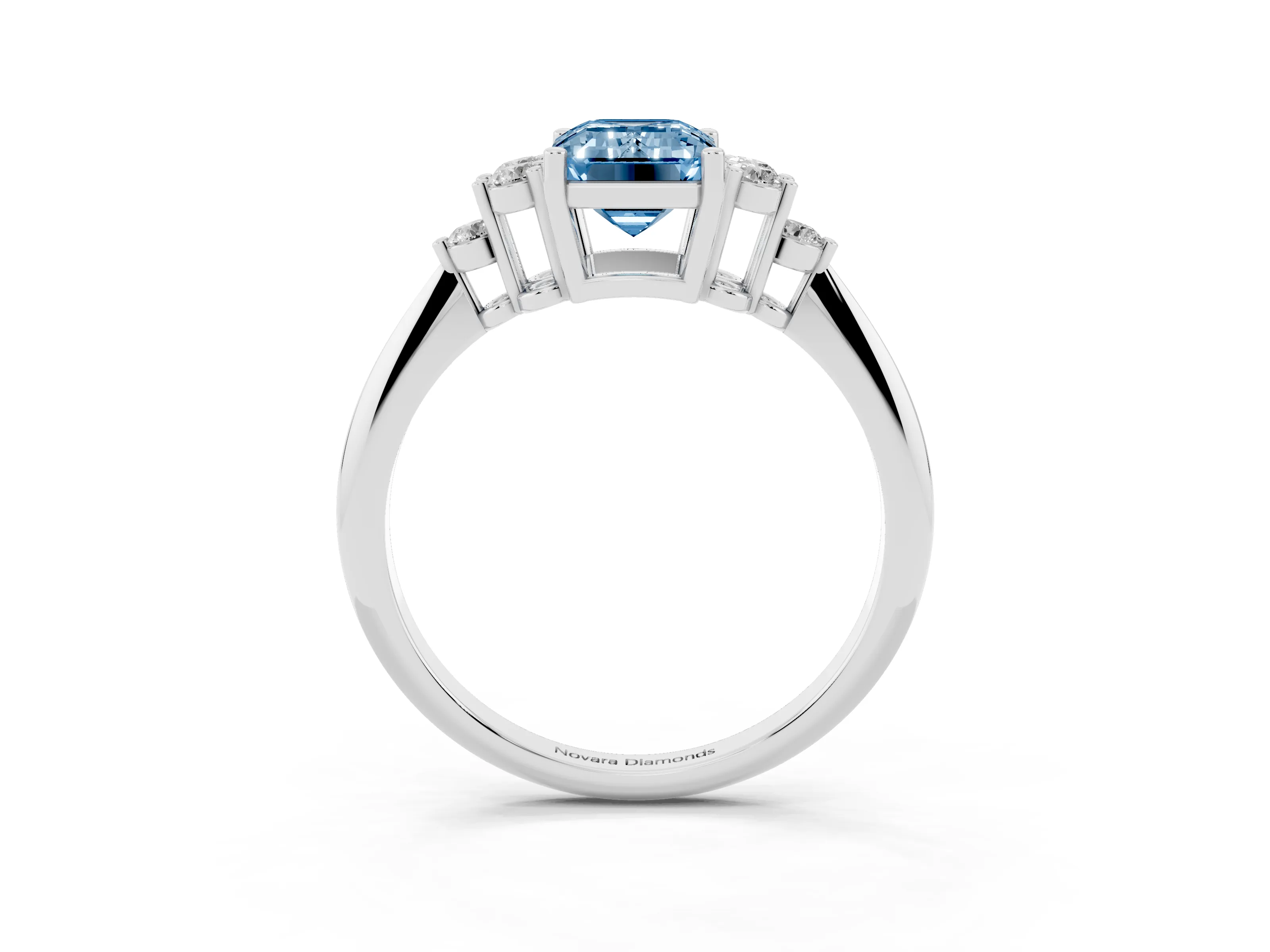 Fancy Blue Emerald Cut Diamond Cluster Ring Set in White gold with Plain Band and Prong Setting