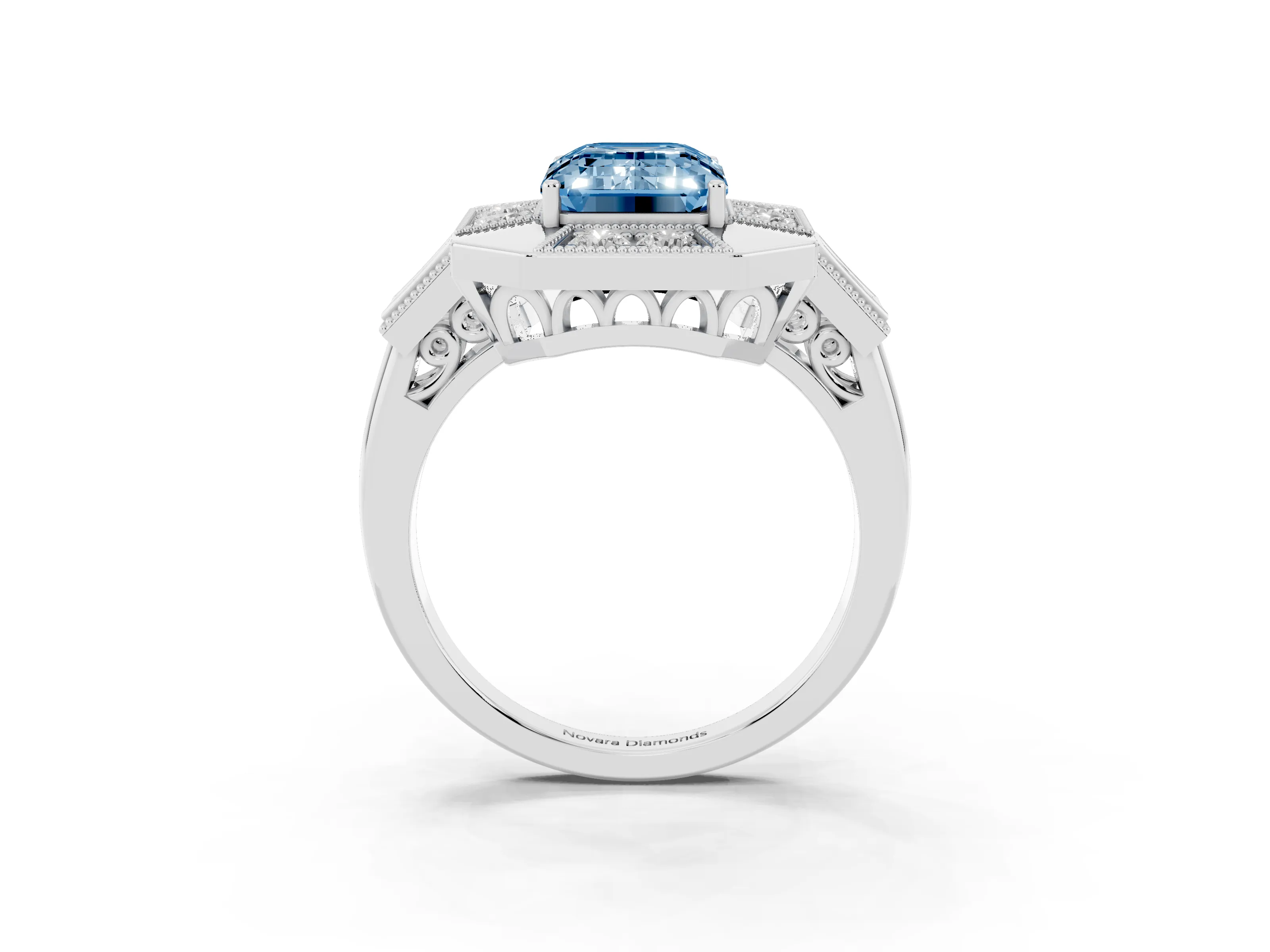 Fancy Blue Emerald Cut Diamond Milgrain Halo Ring Set in Platinum with Split Shank