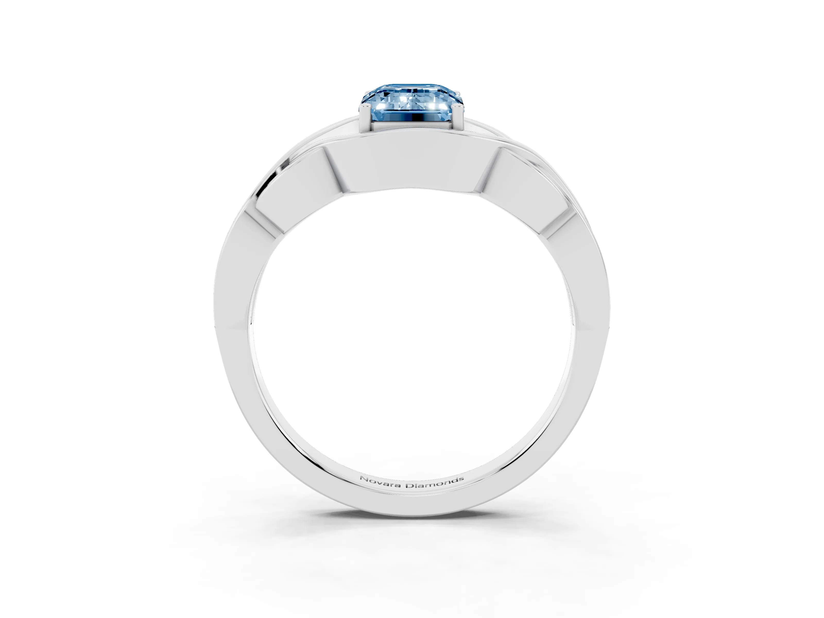 Fancy Blue Emerald Cut Diamond Solitaire Ring Set in Platinum with Intertwined Band