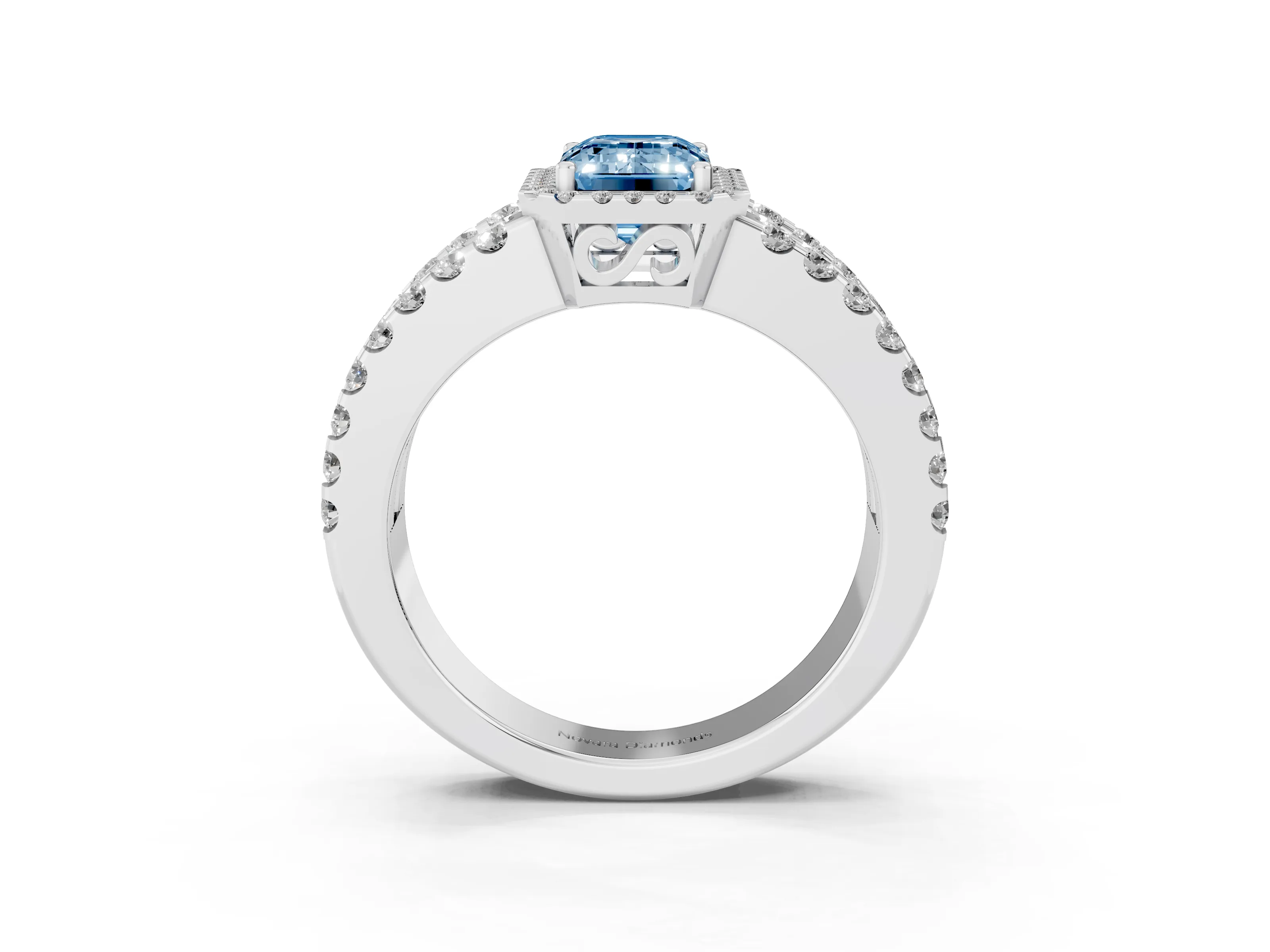 Fancy Blue Emerald Cut Diamond Halo Ring Set in White gold with Pavé Split Shank and Prong Setting