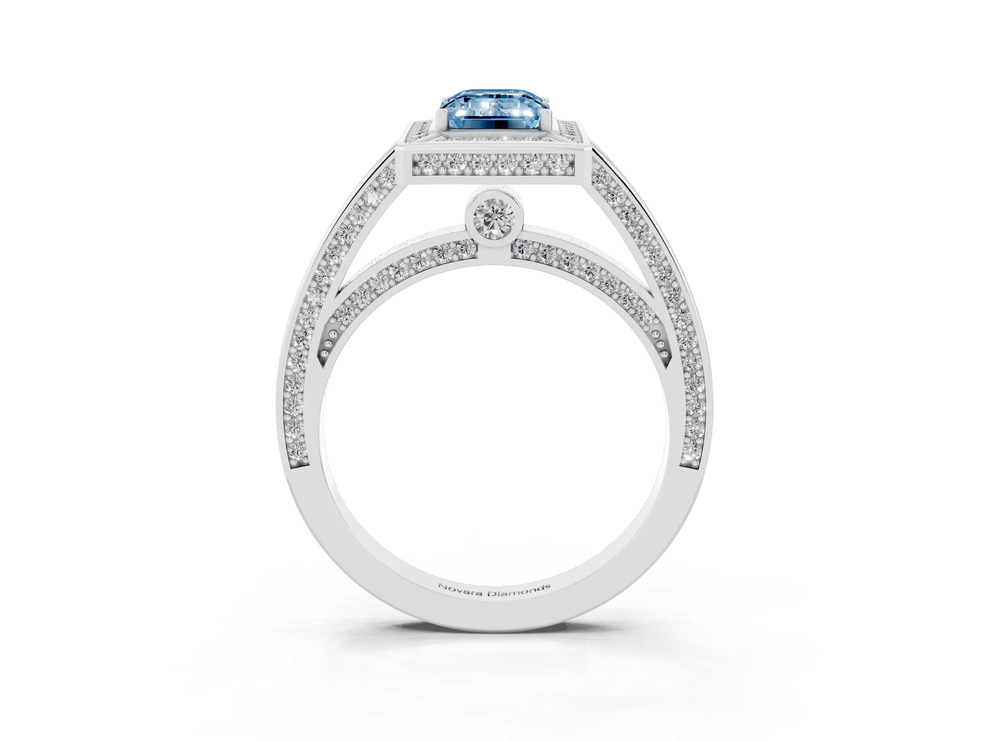Fancy Blue Emerald Cut Diamond Halo Pavé Split Shank Ring Set in Silver with Prong Setting
