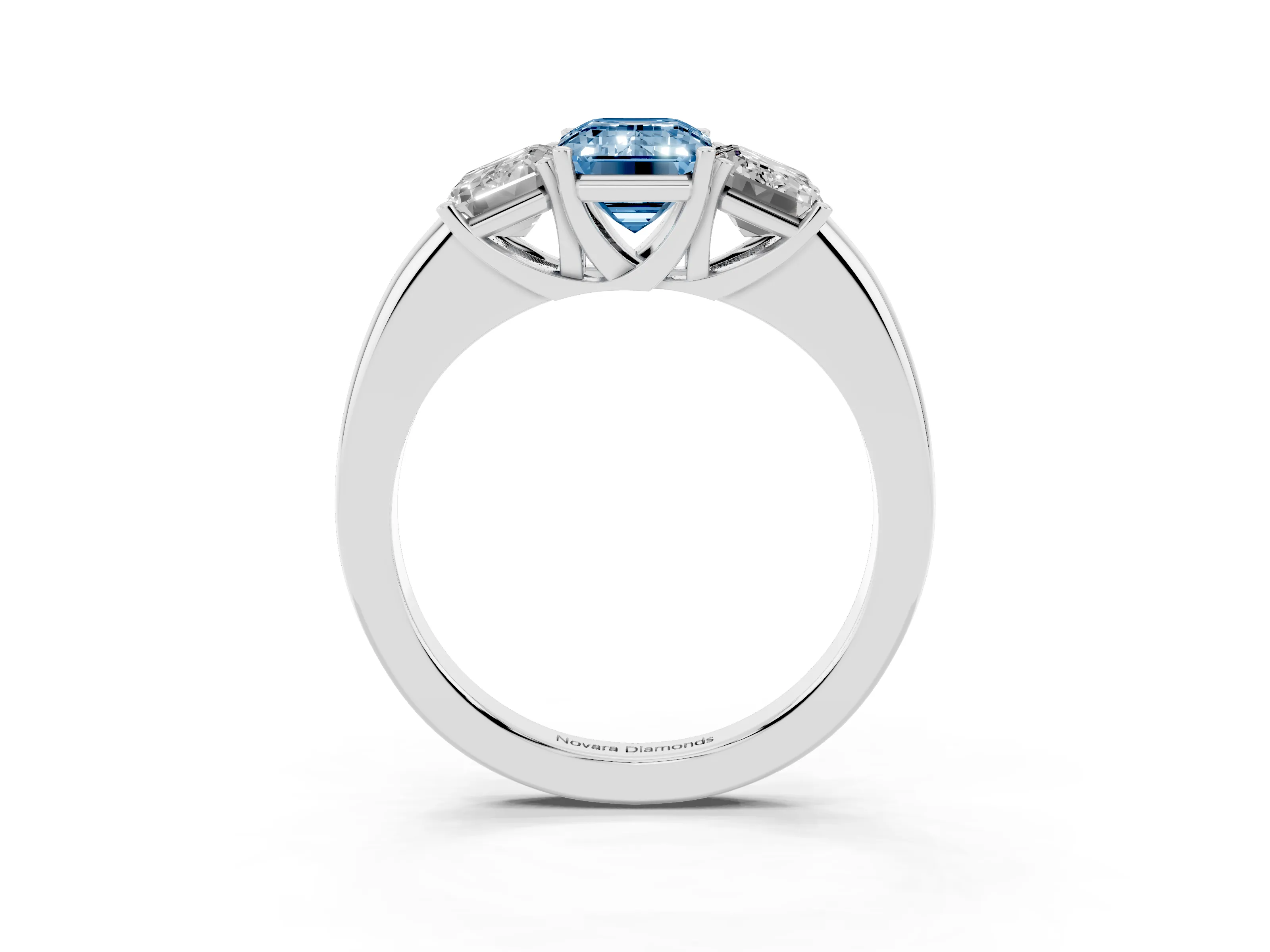 Fancy Blue Emerald Cut Diamond Three-Stone Ring Set in Silver with Bold Center and Classic Band
