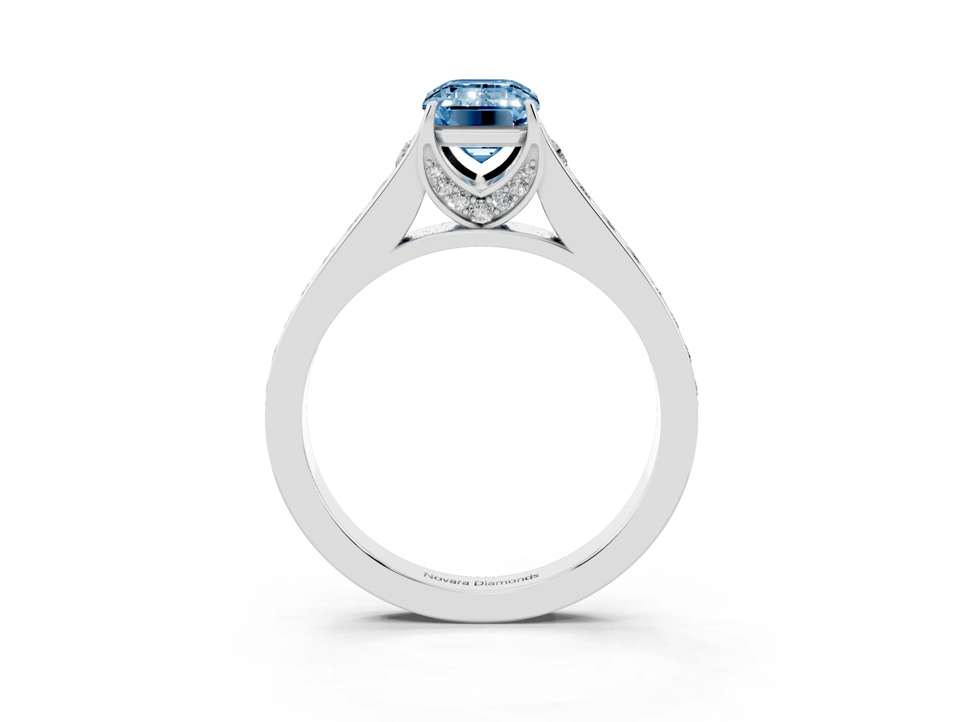 Fancy Blue Emerald Cut Diamond Solitaire Pavé Engagement Ring Set in White gold with Prong Setting