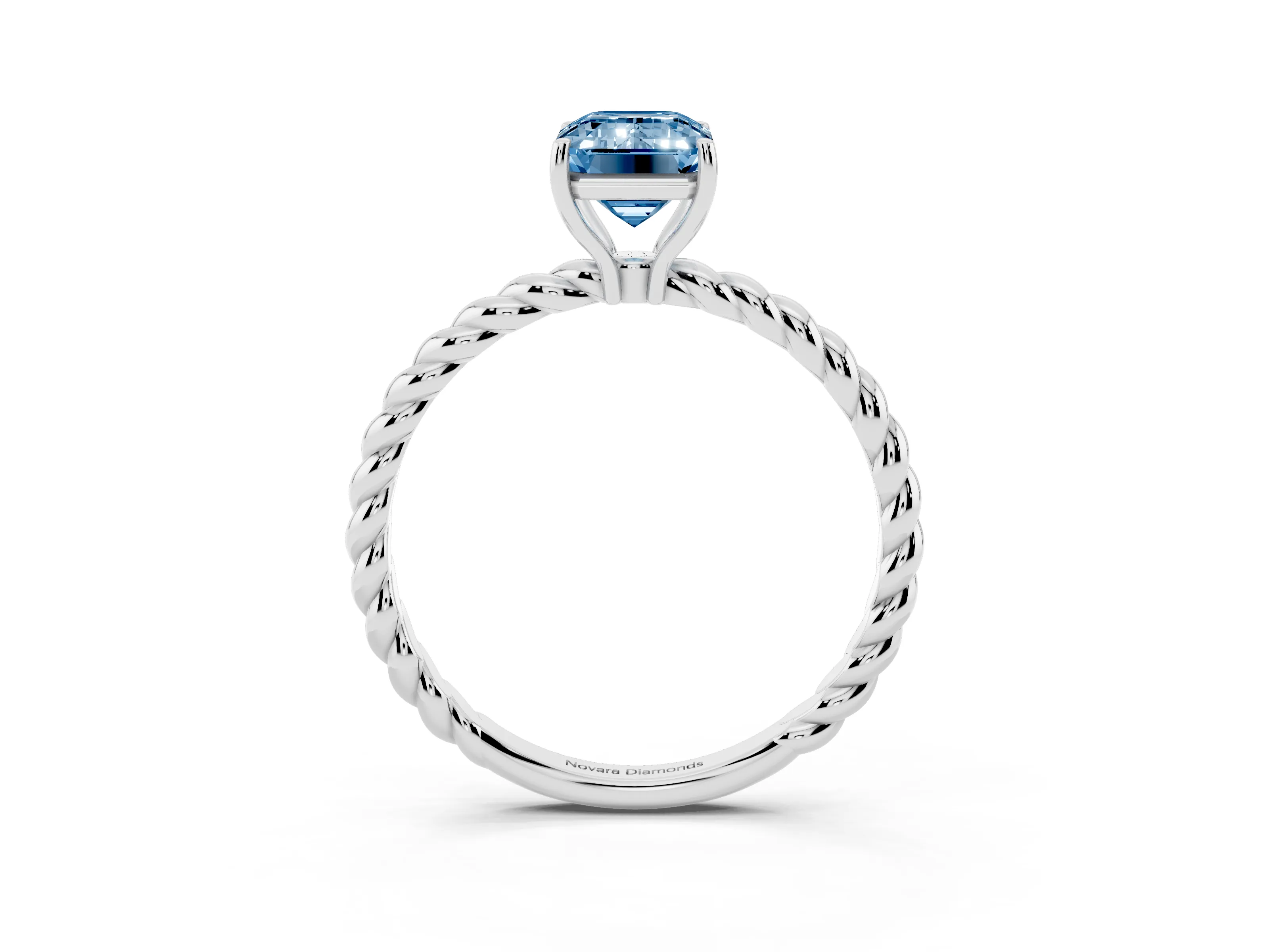 Fancy Blue Emerald Cut Diamond Solitaire Ring Set in Platinum with Twist Band and Prong Setting