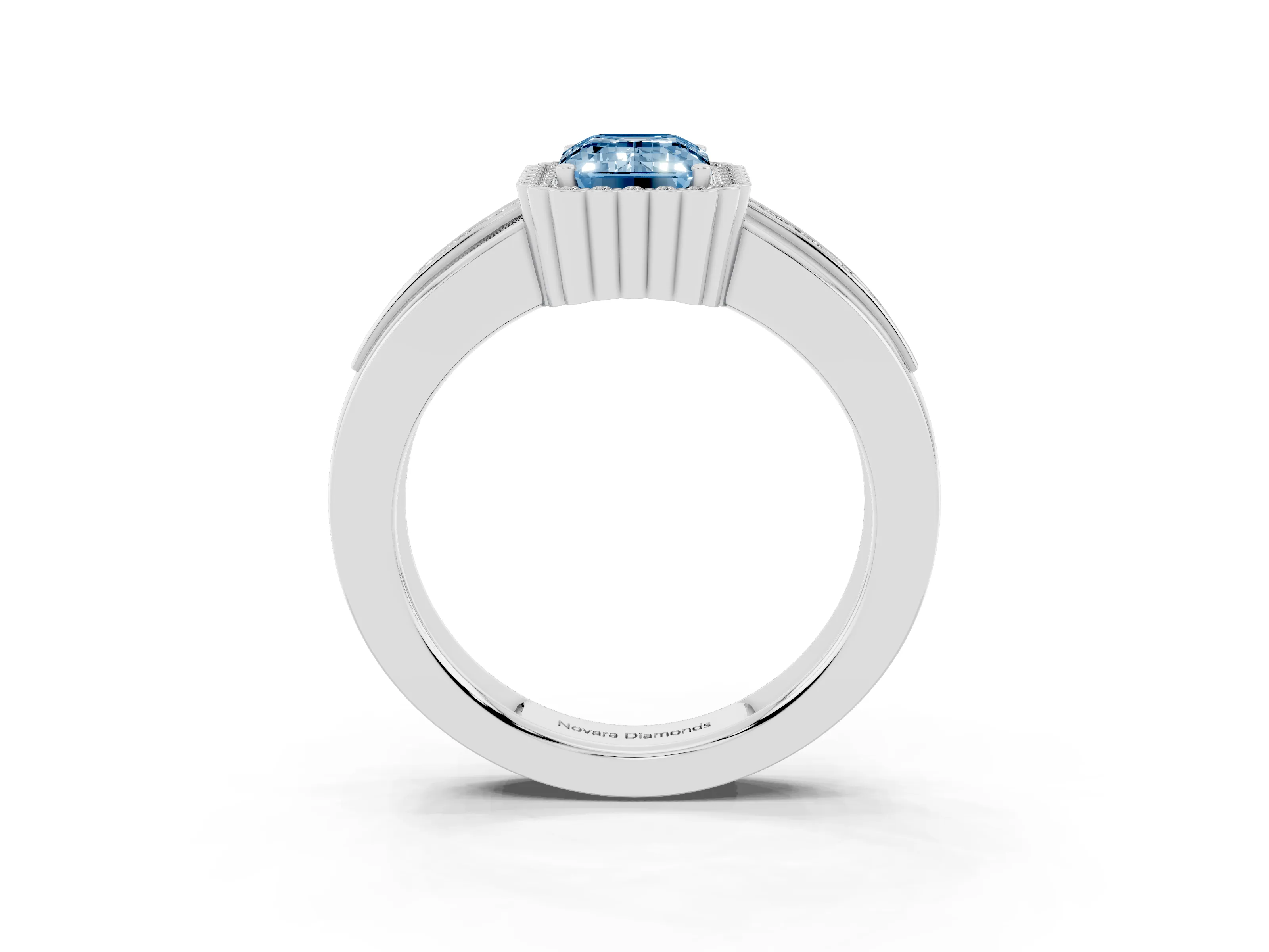 Fancy Blue Emerald Cut Diamond Halo Prong Ring Set in White gold with Pavé Band