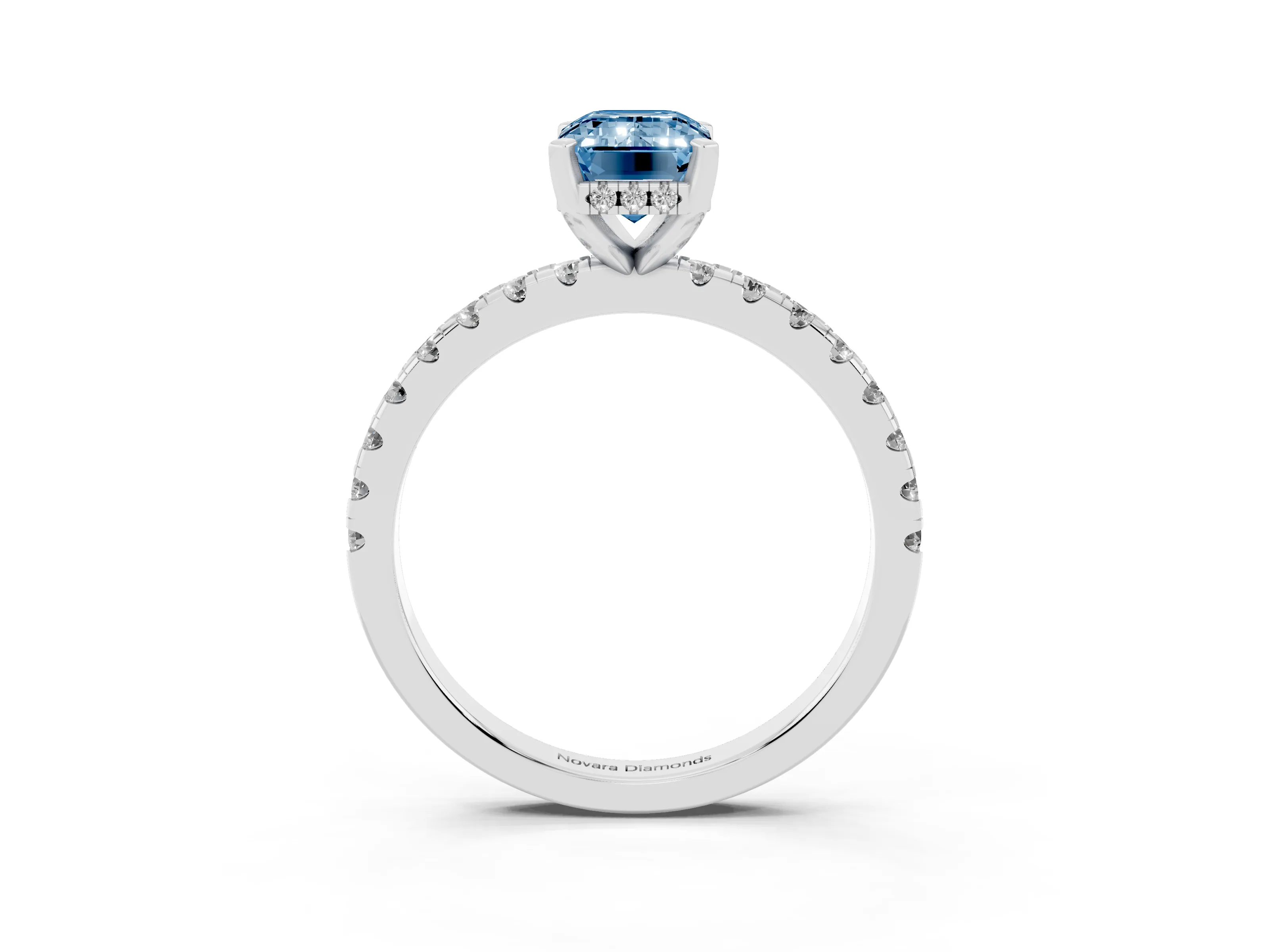 Fancy Blue Emerald Cut Diamond Pavé Solitaire Ring Set in White gold with Round Band Accents and Prong Setting