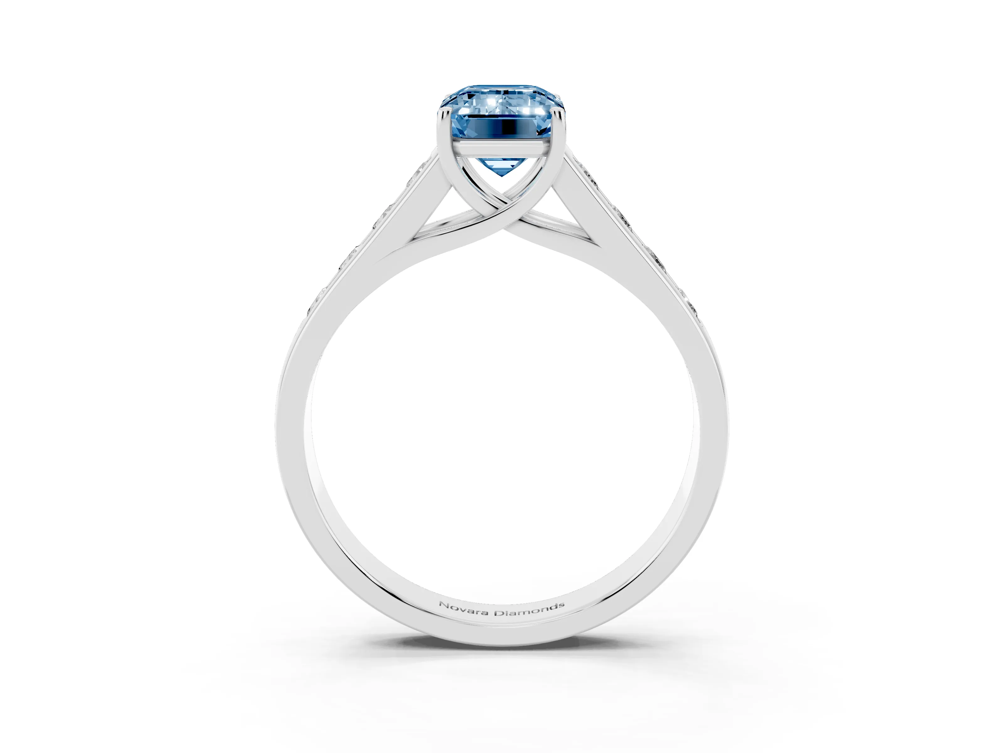 Fancy Blue Emerald Cut Diamond Brilliant Channel-Set Solitaire Ring Set in White gold with Prong Setting