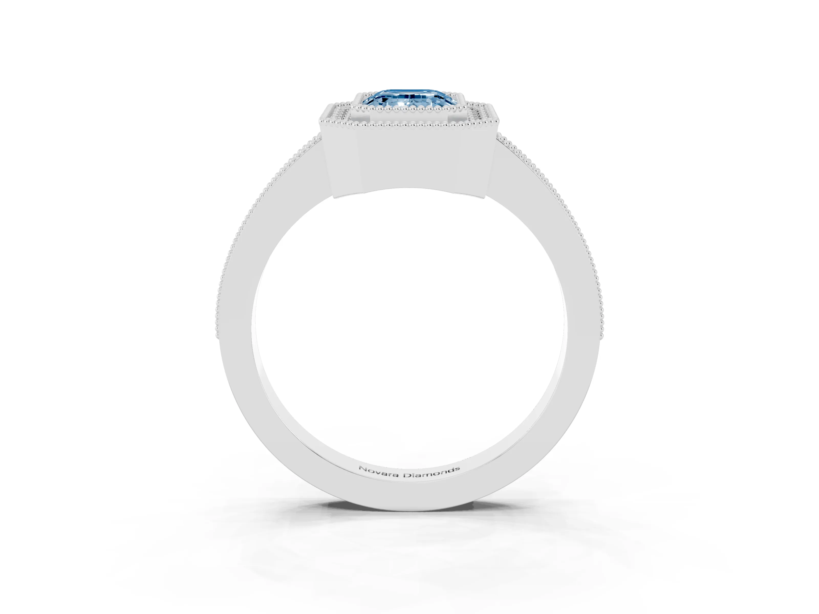 Fancy Blue Emerald Cut Diamond Halo Engagement Ring Set in White gold with Pavé Band and Round Halo Stones