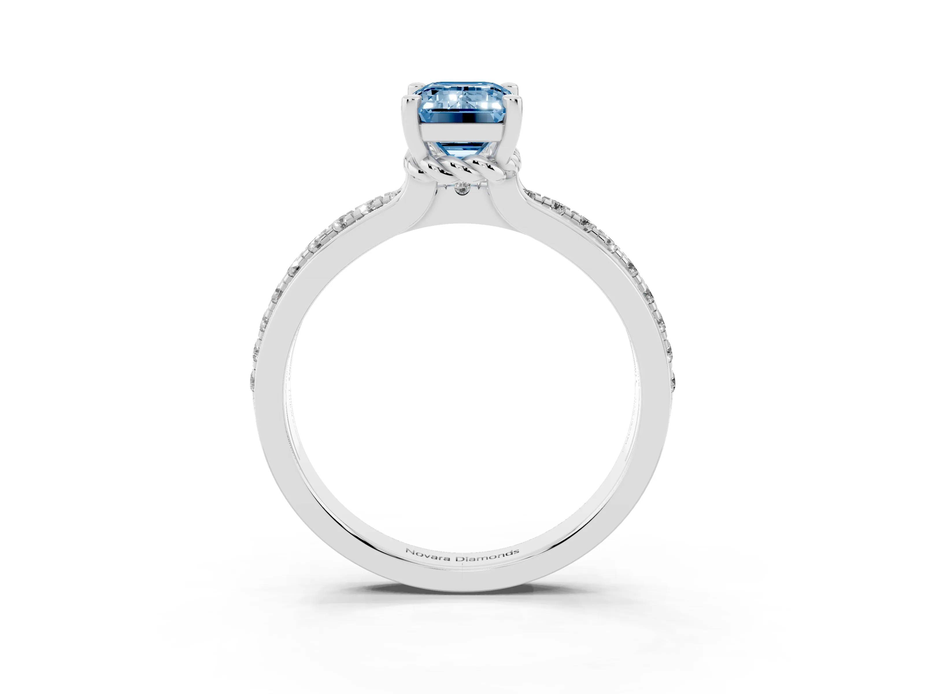 Fancy Blue Emerald Cut Diamond Solitaire Ring Set in White gold with Channel Set Band and Prong Setting