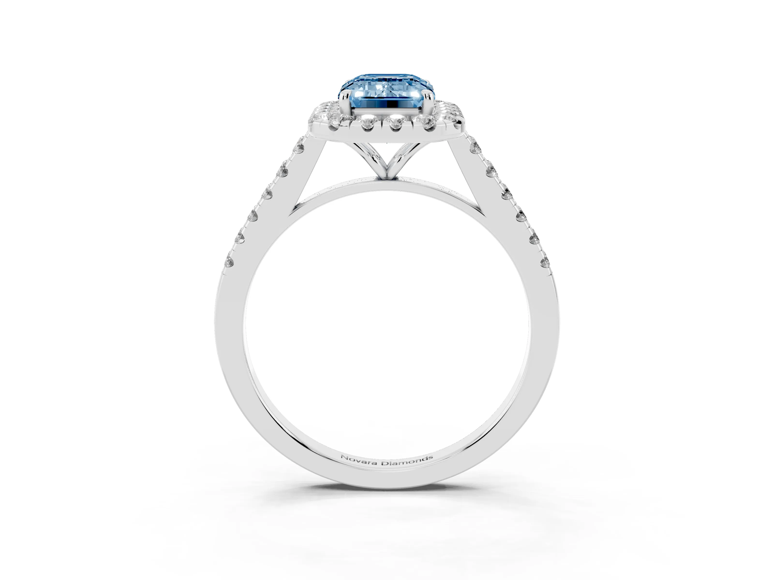 Fancy Blue Emerald Cut Diamond Halo Pavé Engagement Ring Set in Platinum with Prong Setting