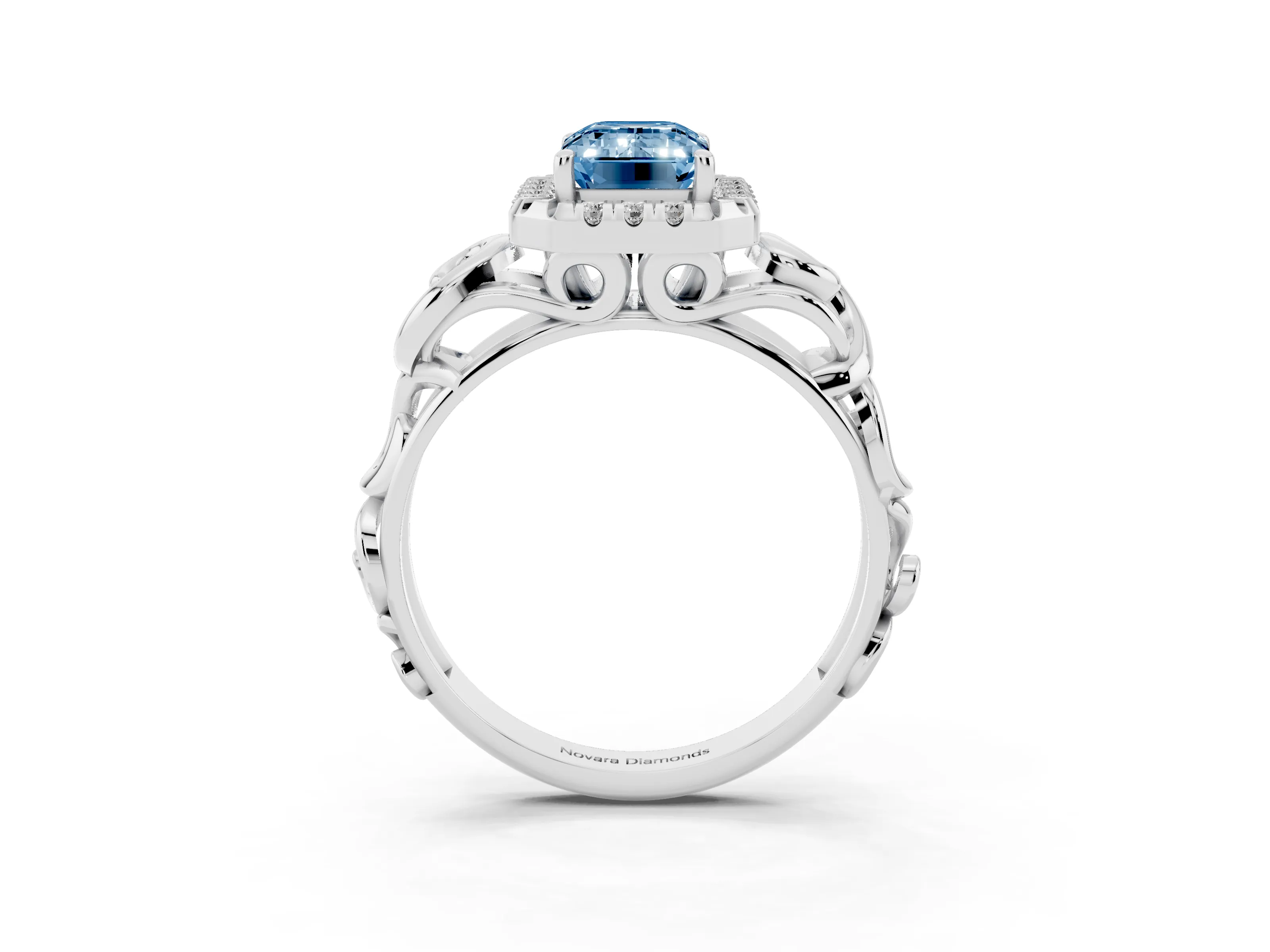 Fancy Blue Emerald Cut Diamond Halo Ring Set in Platinum with Scrollwork Band and Prong Setting