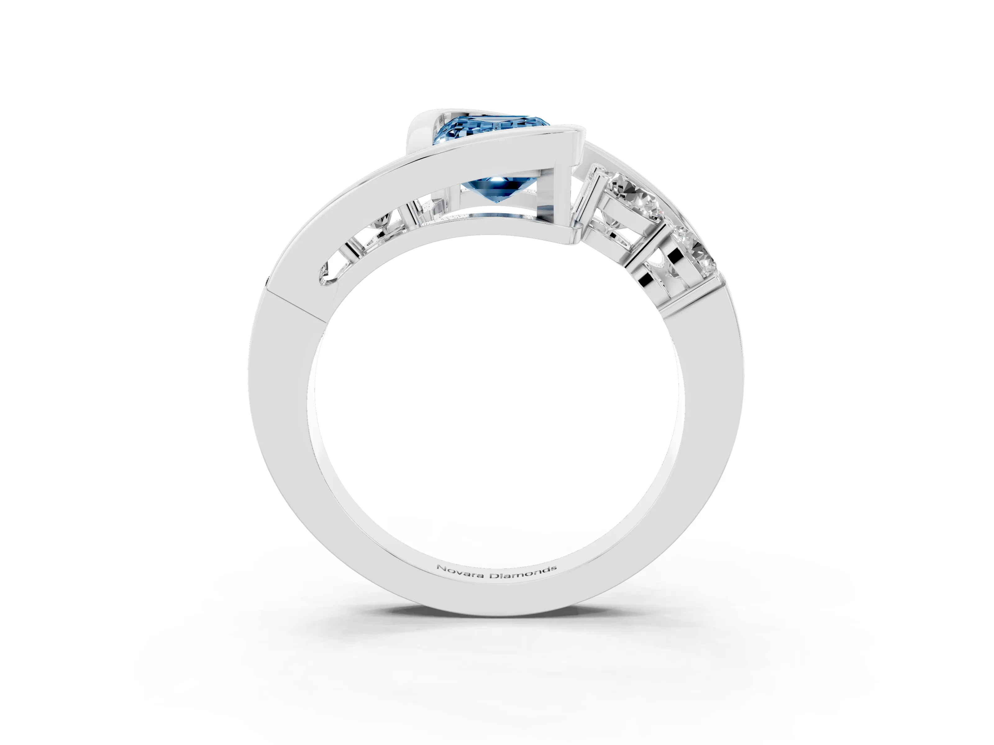 Fancy Blue Emerald Cut Diamond Bezel Bypass Ring Set in Silver with Round Accents