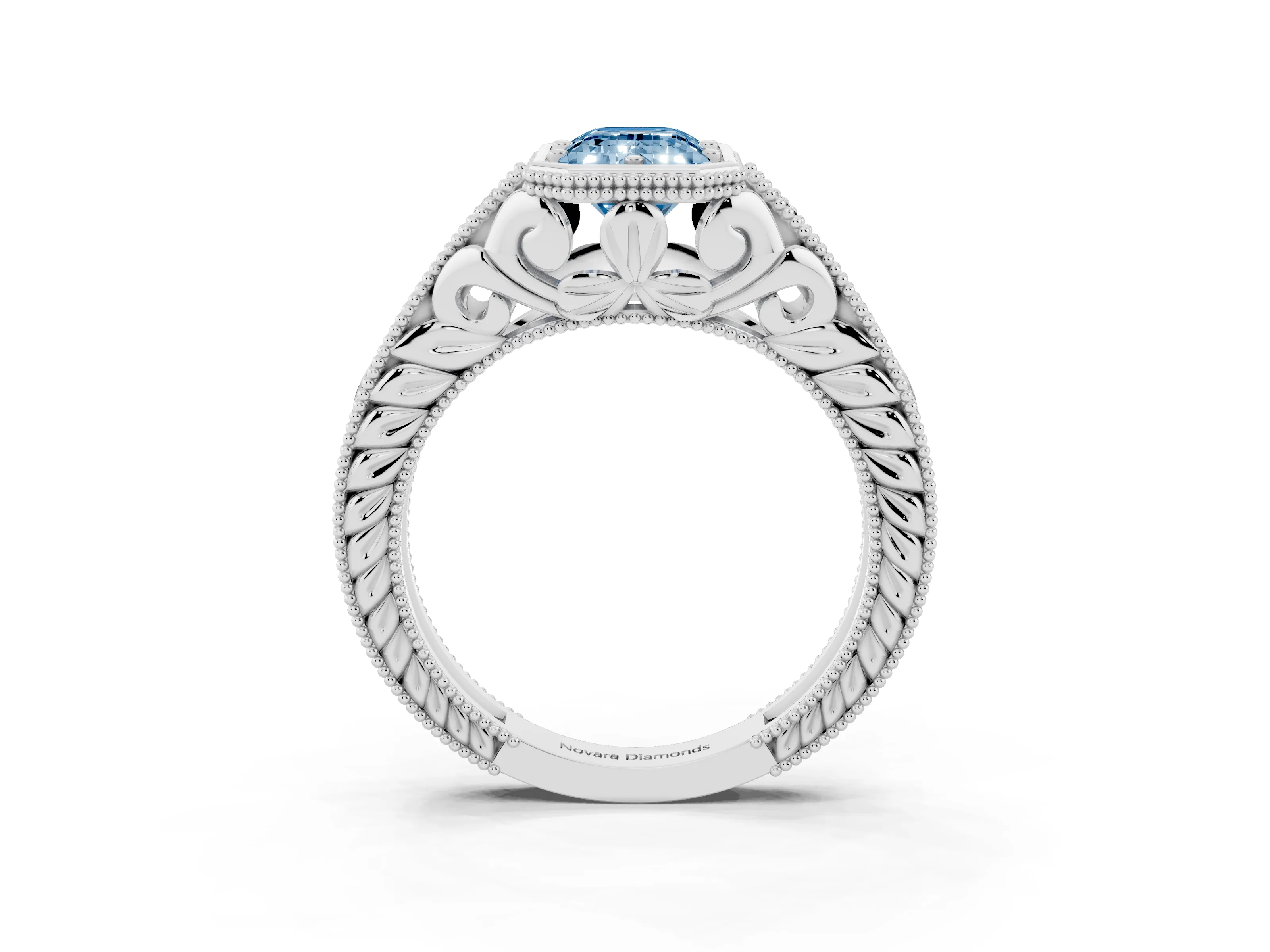 Fancy Blue Bezel Set Emerald Cut Diamond Milgrain Pavé Engagement Ring Set in Silver