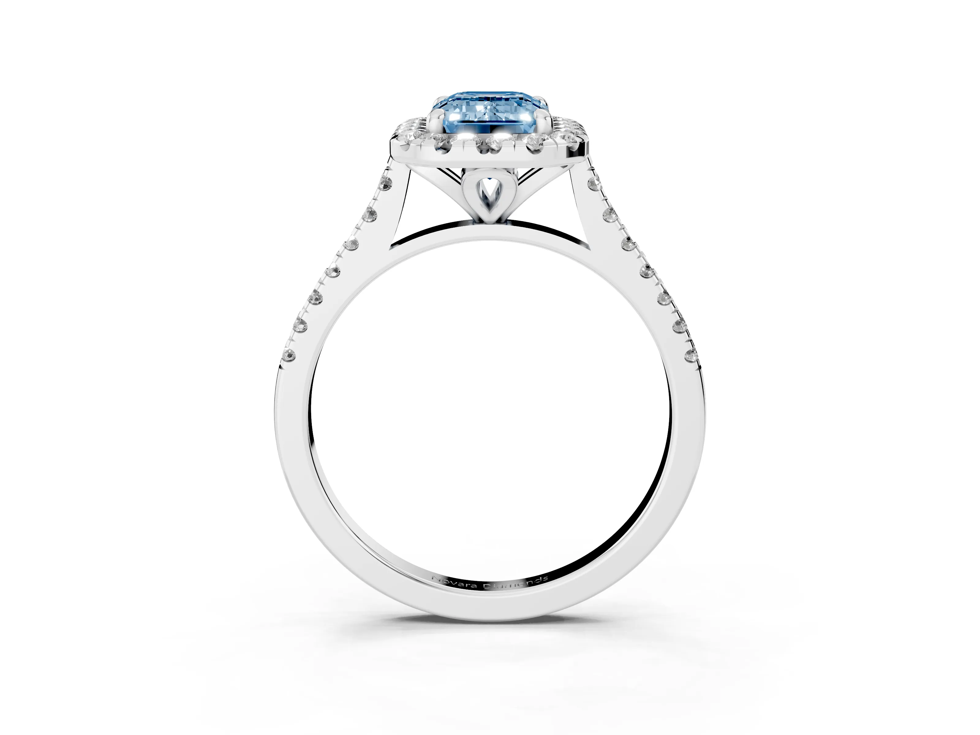 Fancy Blue Emerald Cut Diamond Cushion Halo Ring Set in Platinum with Pavé Band