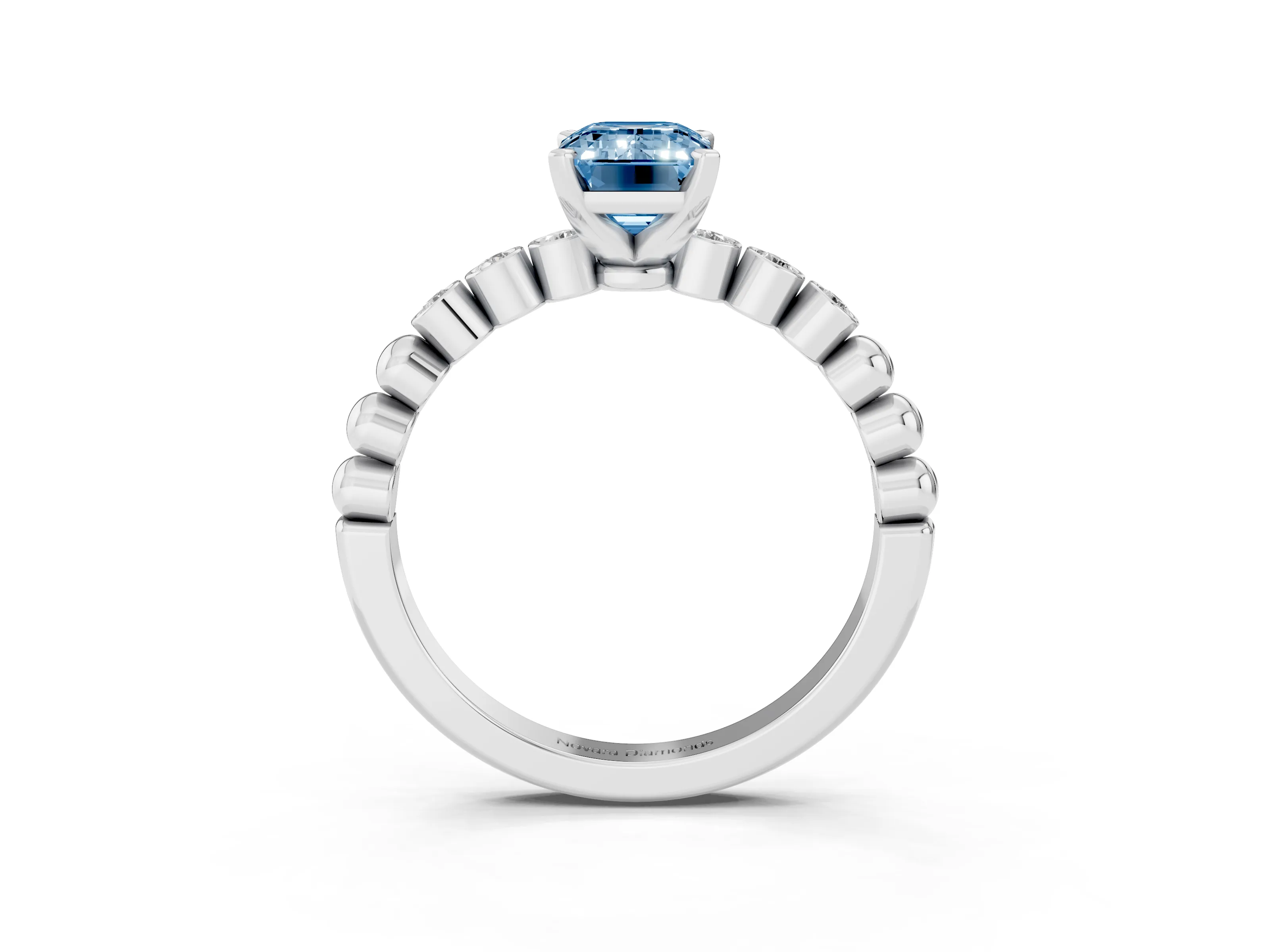Fancy Blue Emerald Cut Diamond Solitaire Engagement Ring Set in White gold with Bezel Accents on Beaded Band