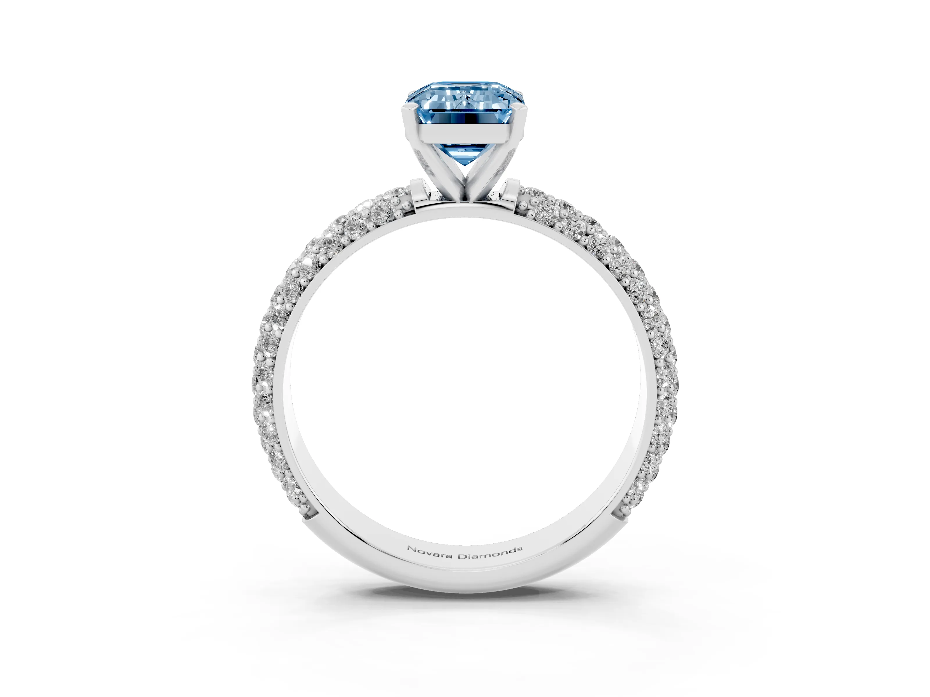 Fancy Blue Emerald Cut Diamond Solitaire Ring Set in Silver with Prong Setting and Pavé-Set Band