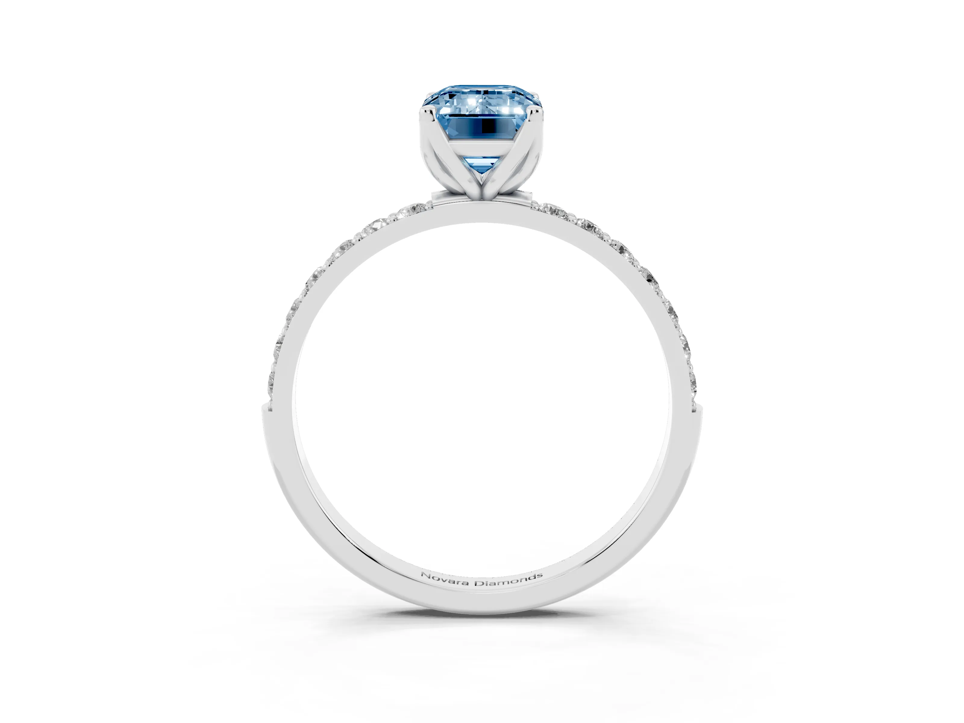 Fancy Blue Emerald Cut Diamond Solitaire Engagement Ring Set in White gold with Round Pavé Band and Prong Setting
