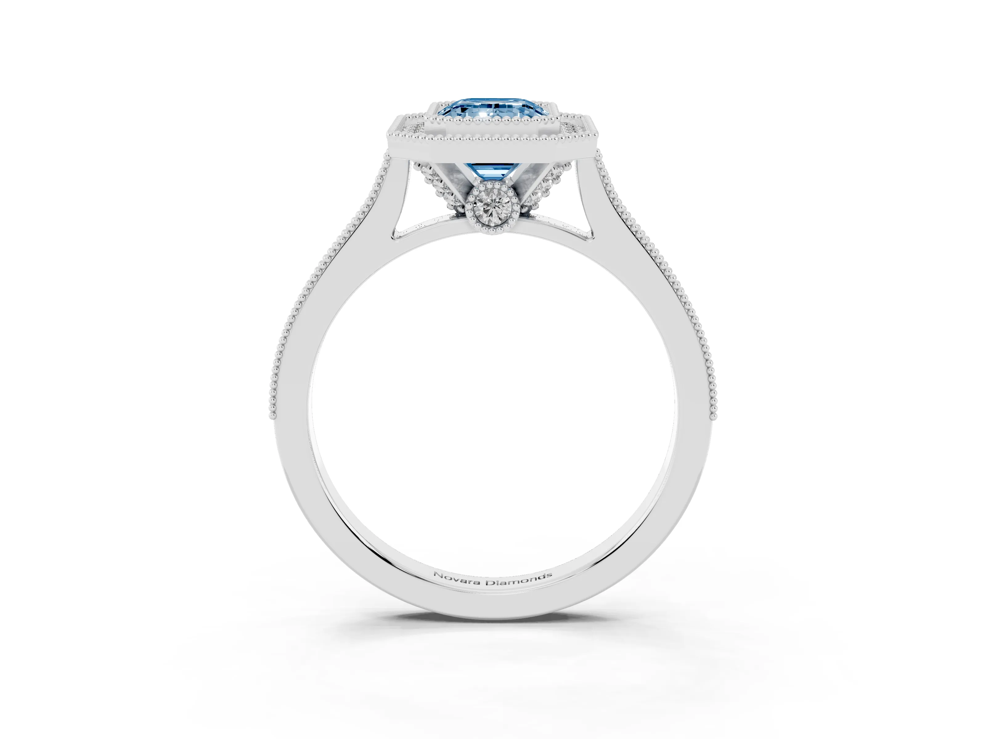 Fancy Blue Emerald Cut Diamond Halo Milgrain Pavé Band Ring Set in Silver with Prong Setting