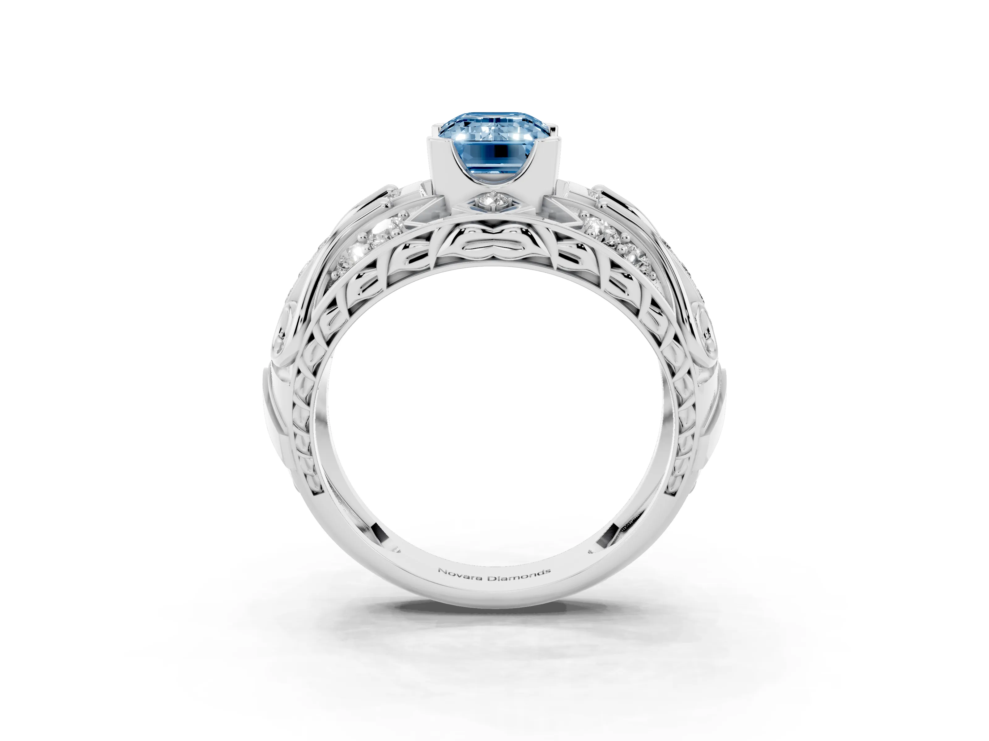 Fancy Blue Emerald Cut Diamond Art Deco Ring Set in Silver with Pavé Split Shank