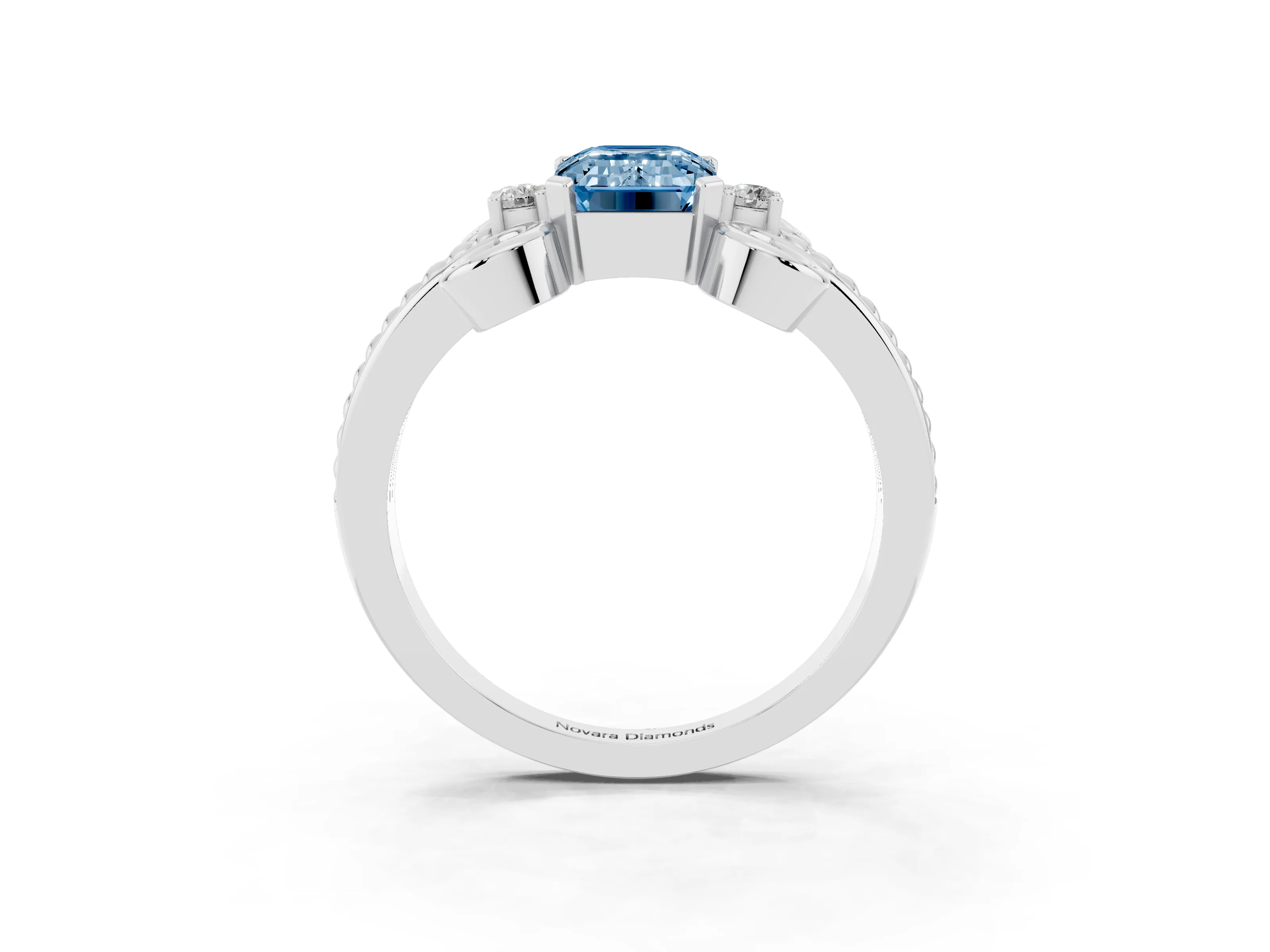 Fancy Blue Emerald Cut Diamond Twisted Band Solitaire Ring Set in Platinum with Scroll Prongs