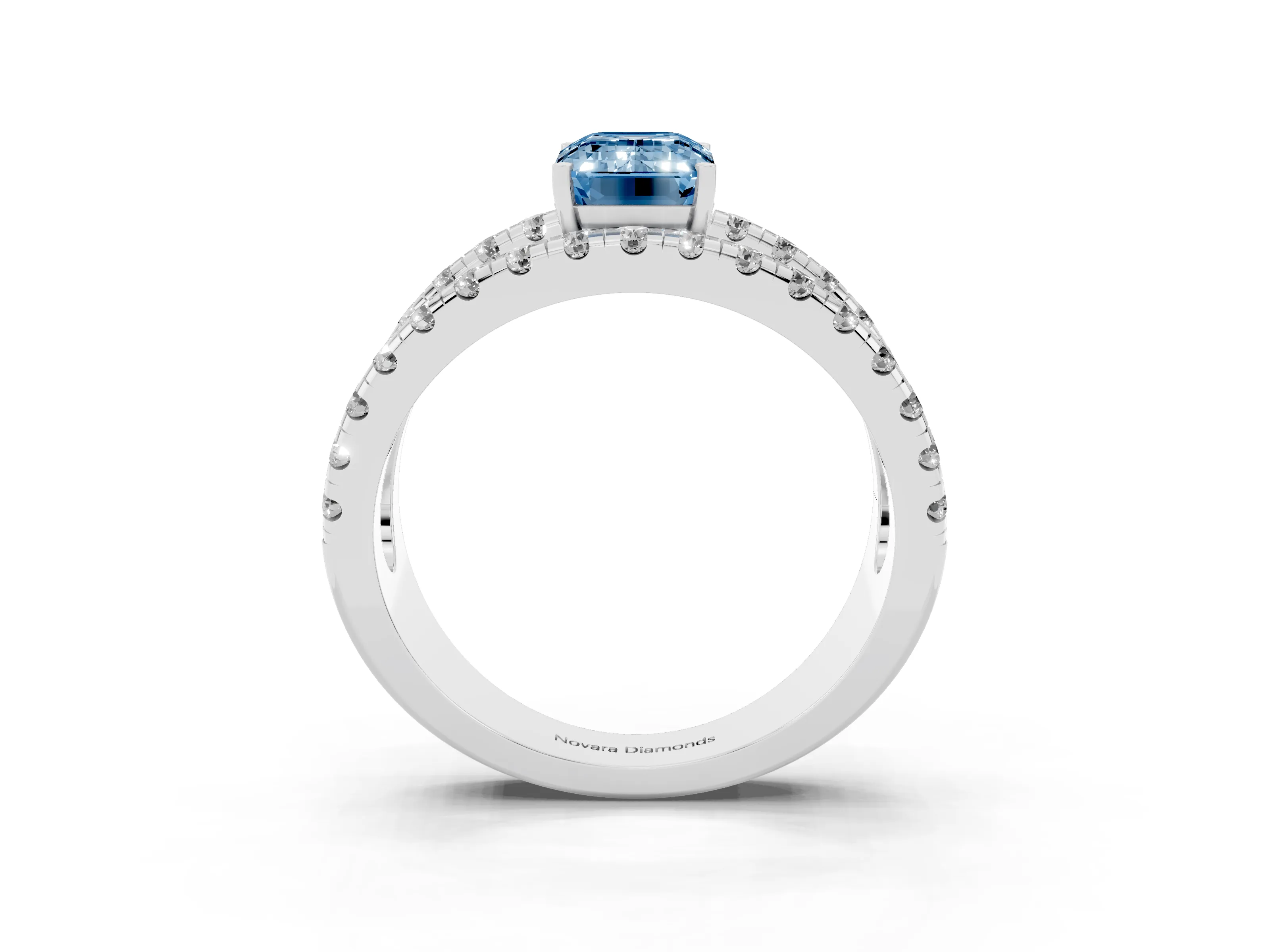 Fancy Blue Emerald Cut Diamond Split Shank Pavé Solitaire Ring Set in Silver with Open Shank Design