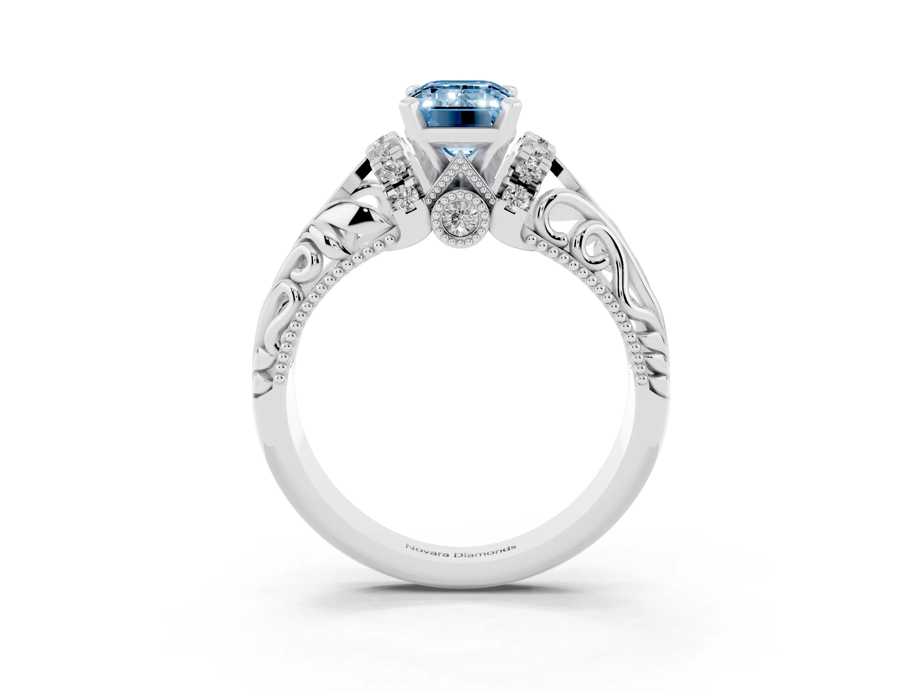 Fancy Blue Emerald Cut Diamond Filigree Halo Engagement Ring Set in Platinum with Prong Setting
