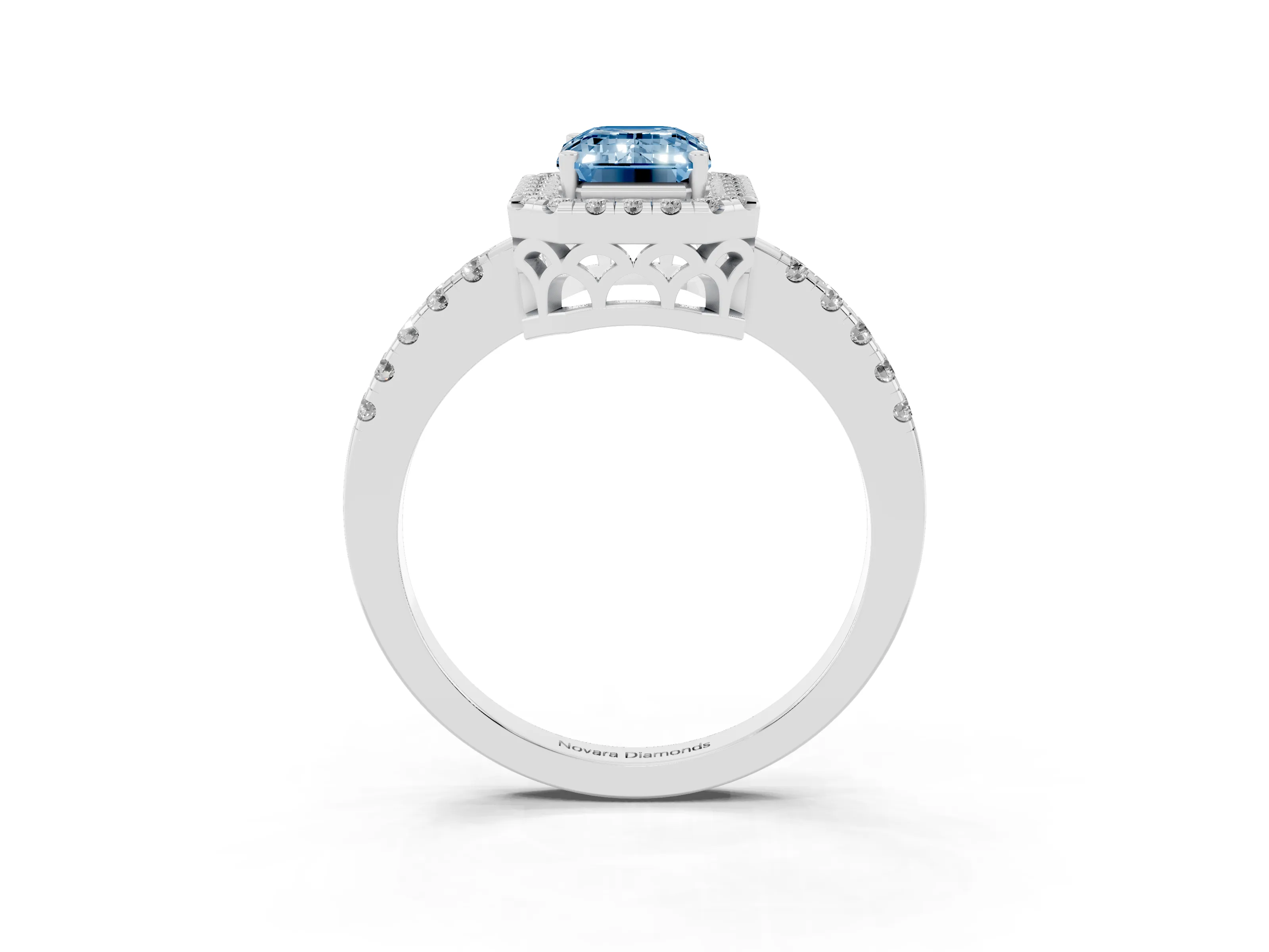 Fancy Blue Emerald Cut Diamond Pavé Band Halo Engagement Ring Set in White gold with Prong Setting