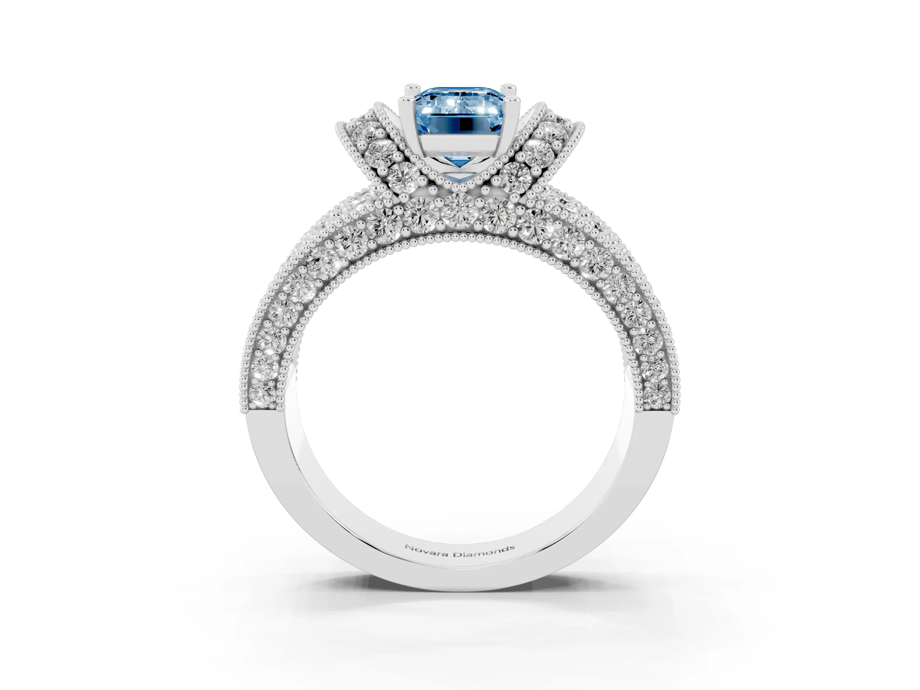 Fancy Blue Emerald Cut Diamond Milgrain Halo Pavé Engagement Ring Set in Silver with Prong Setting