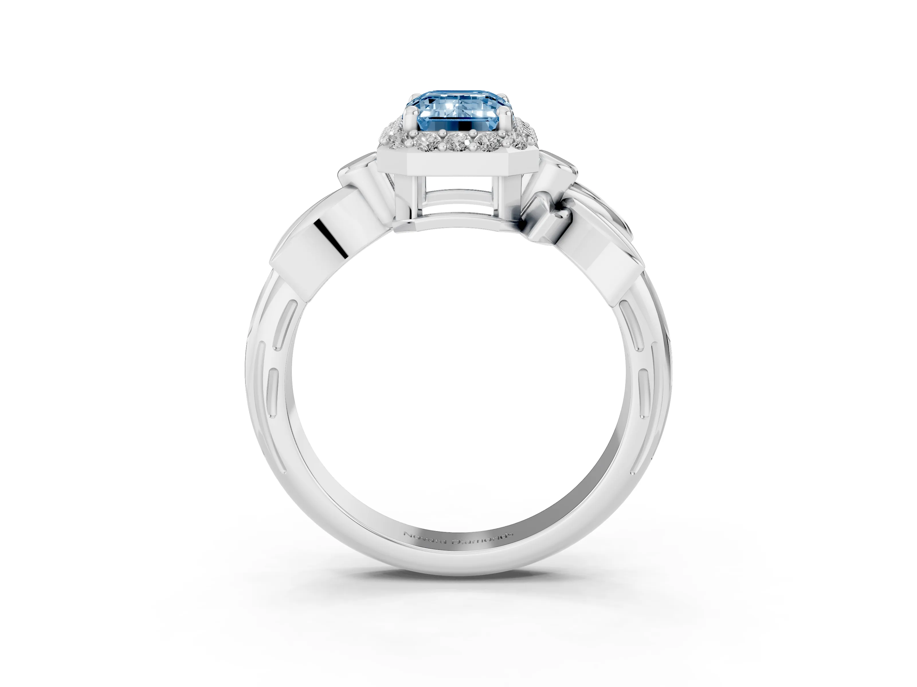 Fancy Blue Emerald Cut Diamond Halo Floral Band Ring Set in White gold with Prong Setting
