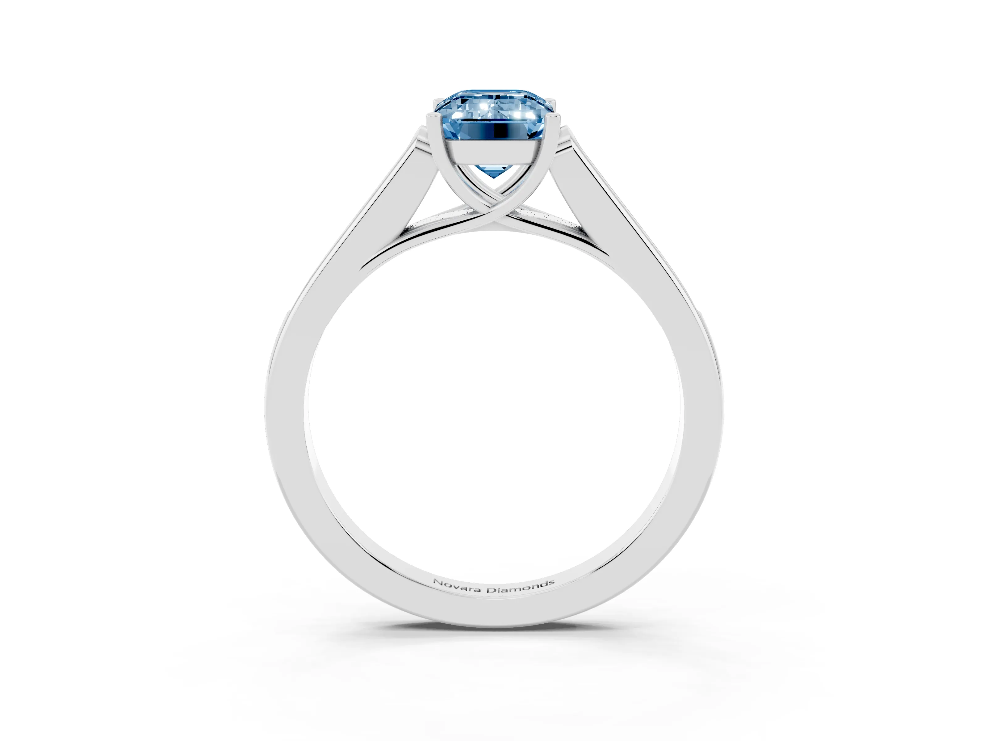 Fancy Blue Emerald Cut Diamond Solitaire Cathedral Engagement Ring Set in Platinum with Channel-Set Band and Prong Setting