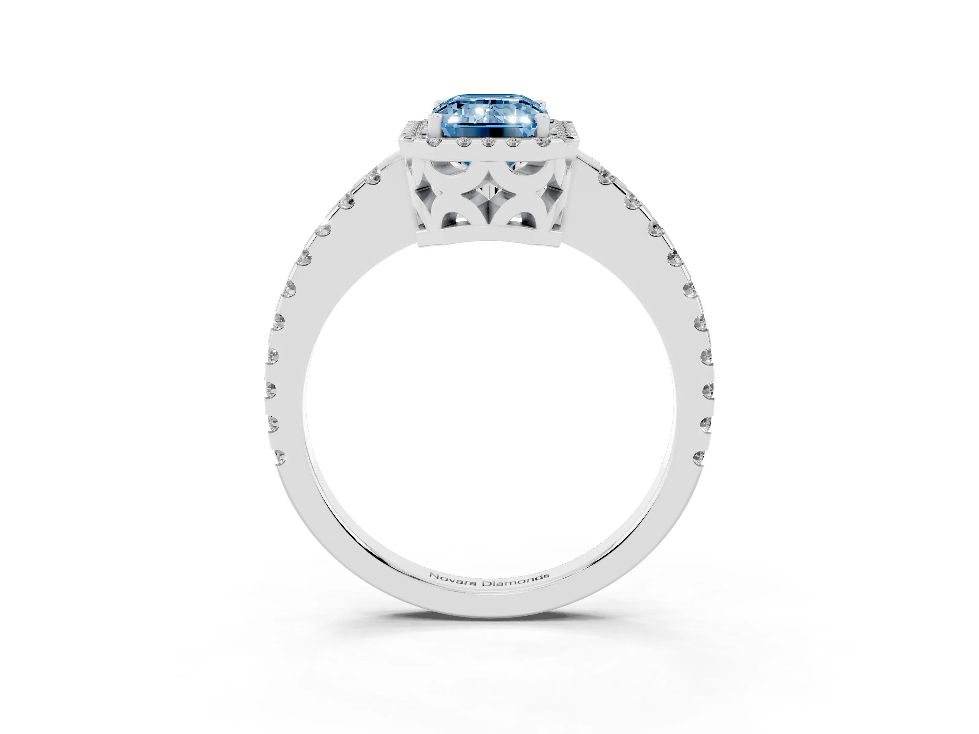 Fancy Blue Emerald Cut Diamond Halo Ring Set in White gold with Pavé Shoulders and Halo-Framed Center
