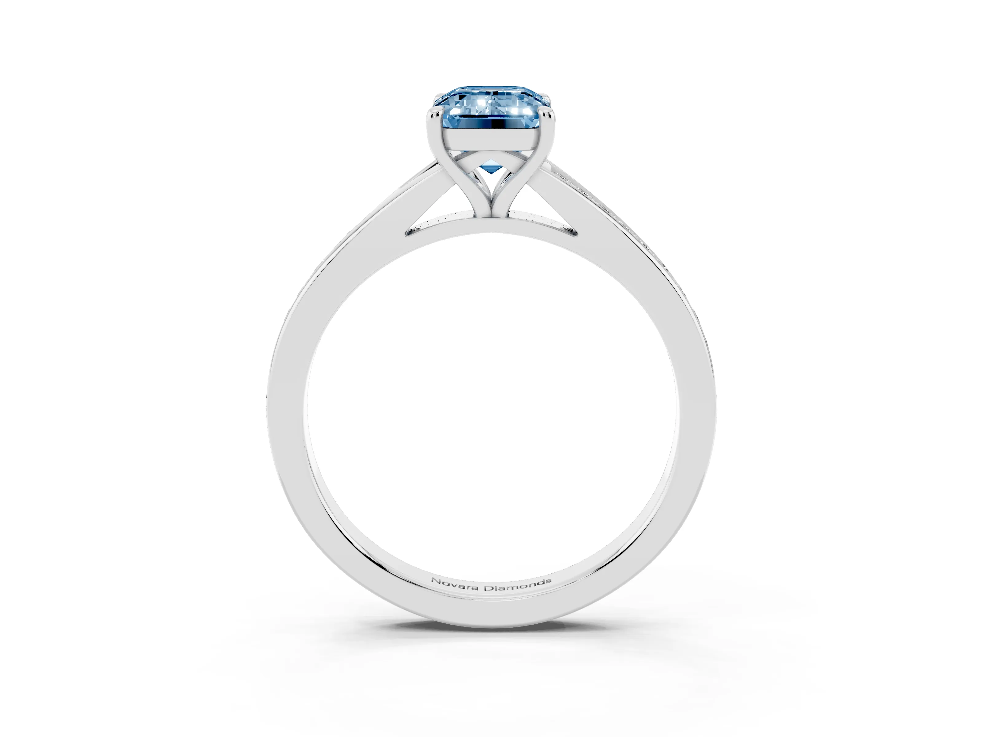 Fancy Blue Emerald Cut Diamond Solitaire Ring Set in Silver with Pavé Accent Band and Classic Prong Setting