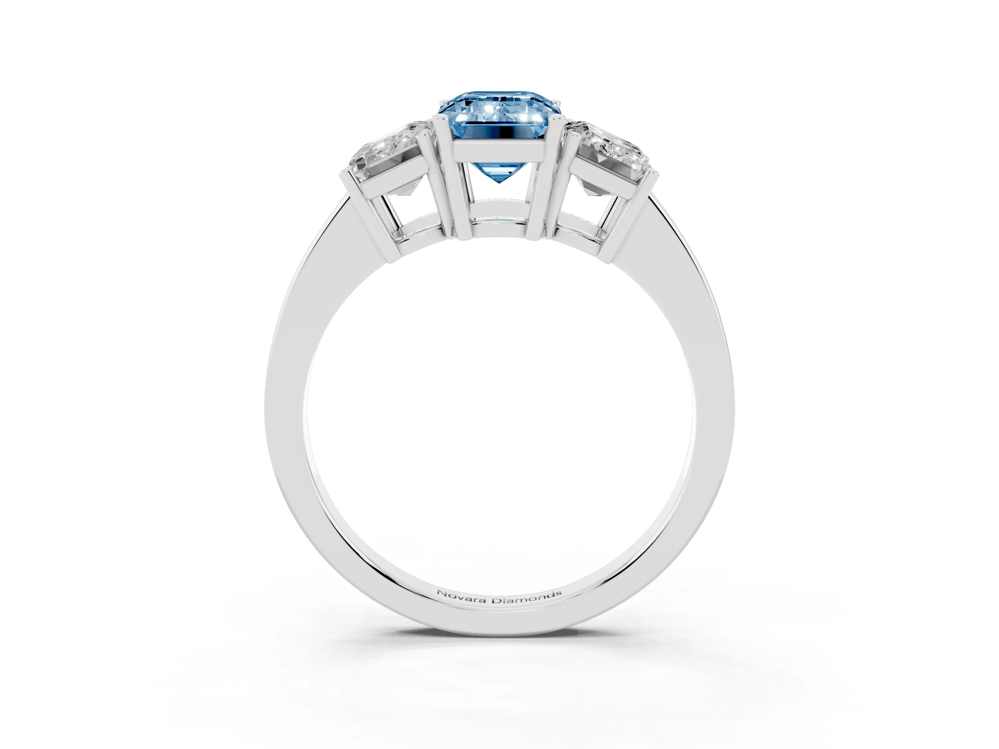 Fancy Blue Emerald Cut Diamond Three-Stone Engagement Ring Set in Silver with Flat Band