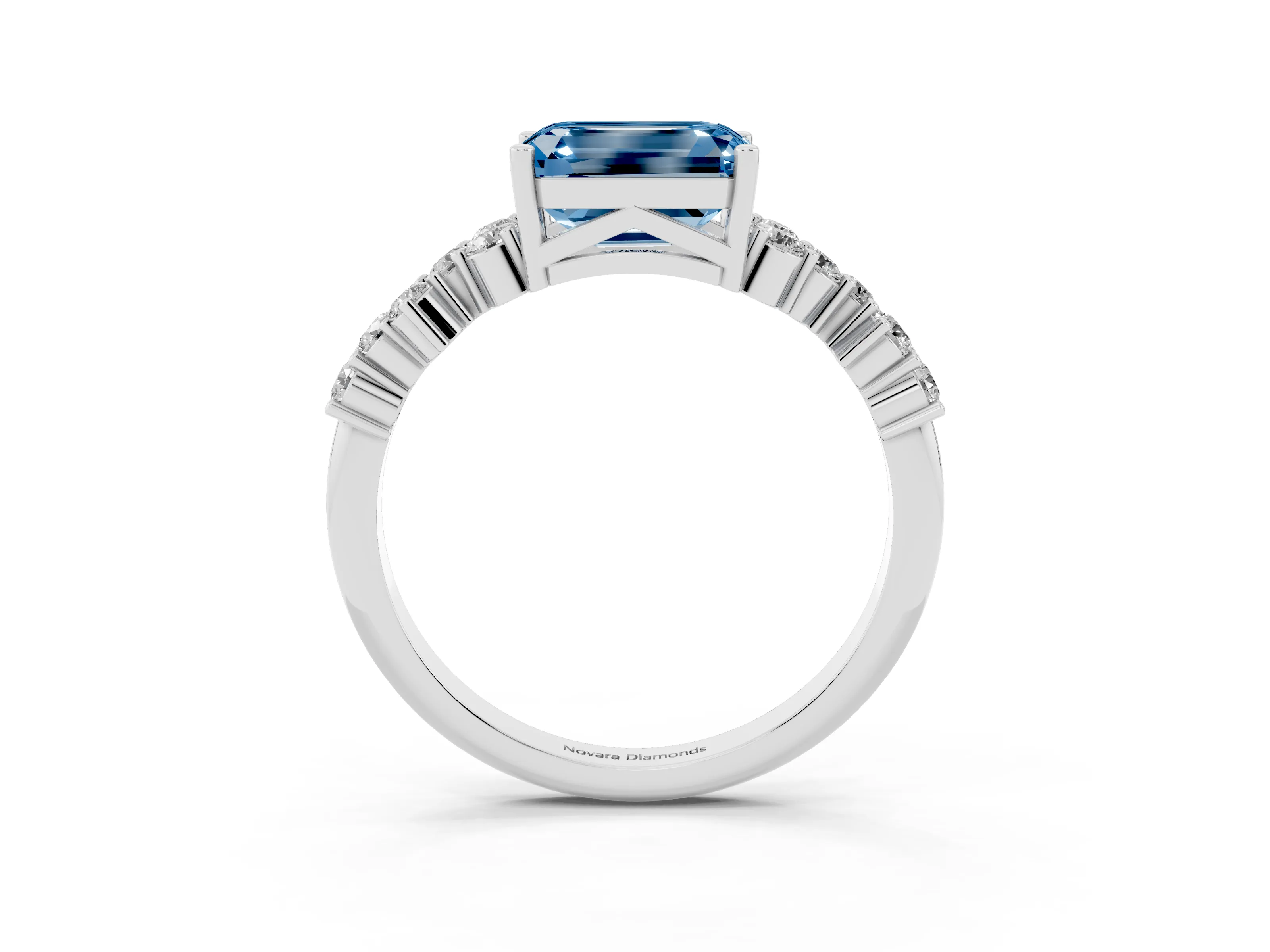 Fancy Blue Emerald Cut Diamond Ring Set in Silver with Scattered Round Accents