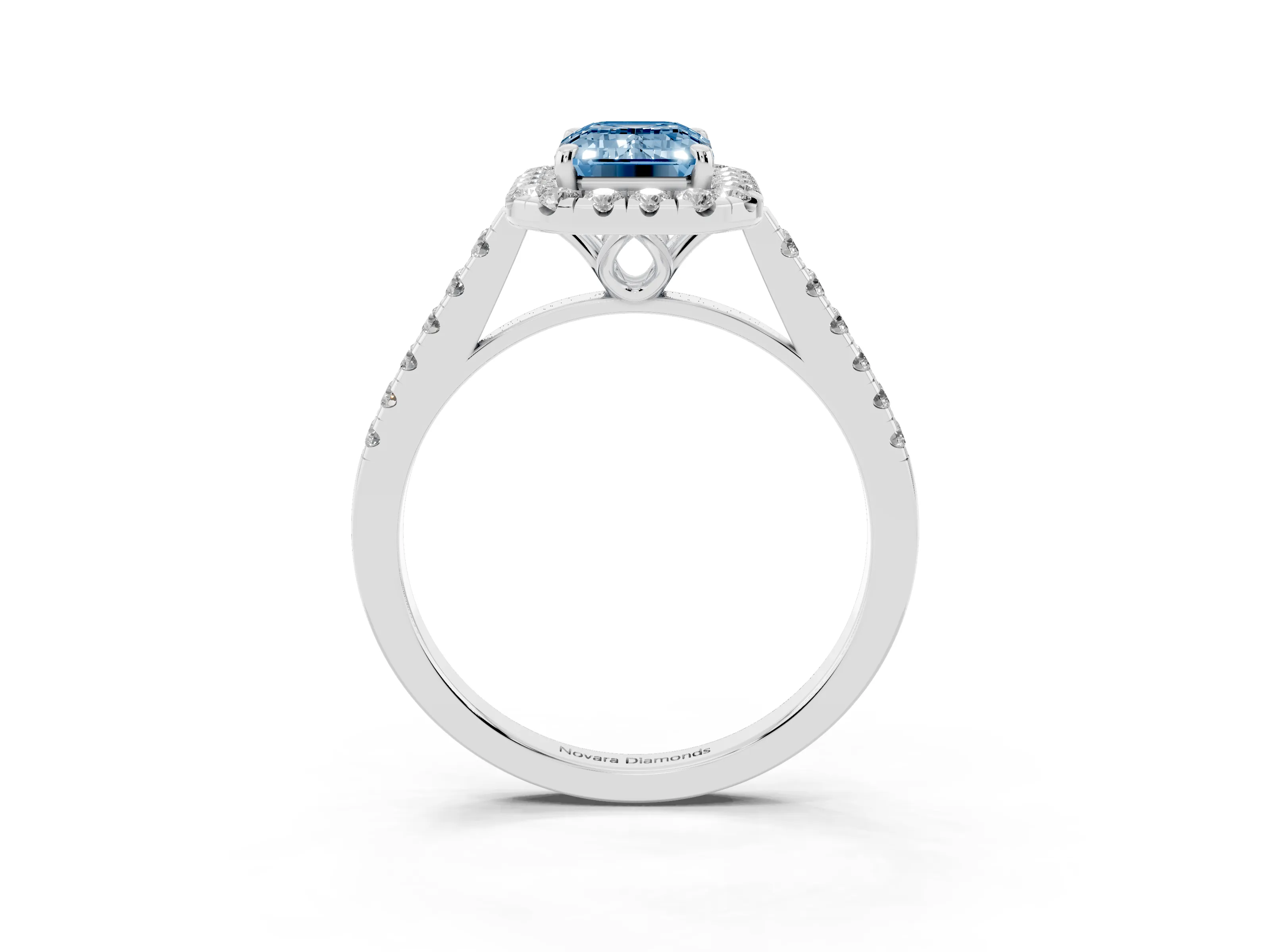 Fancy Blue Emerald Cut Diamond Pavé Halo Engagement Ring Set in White gold with Pavé Band and Prong Setting