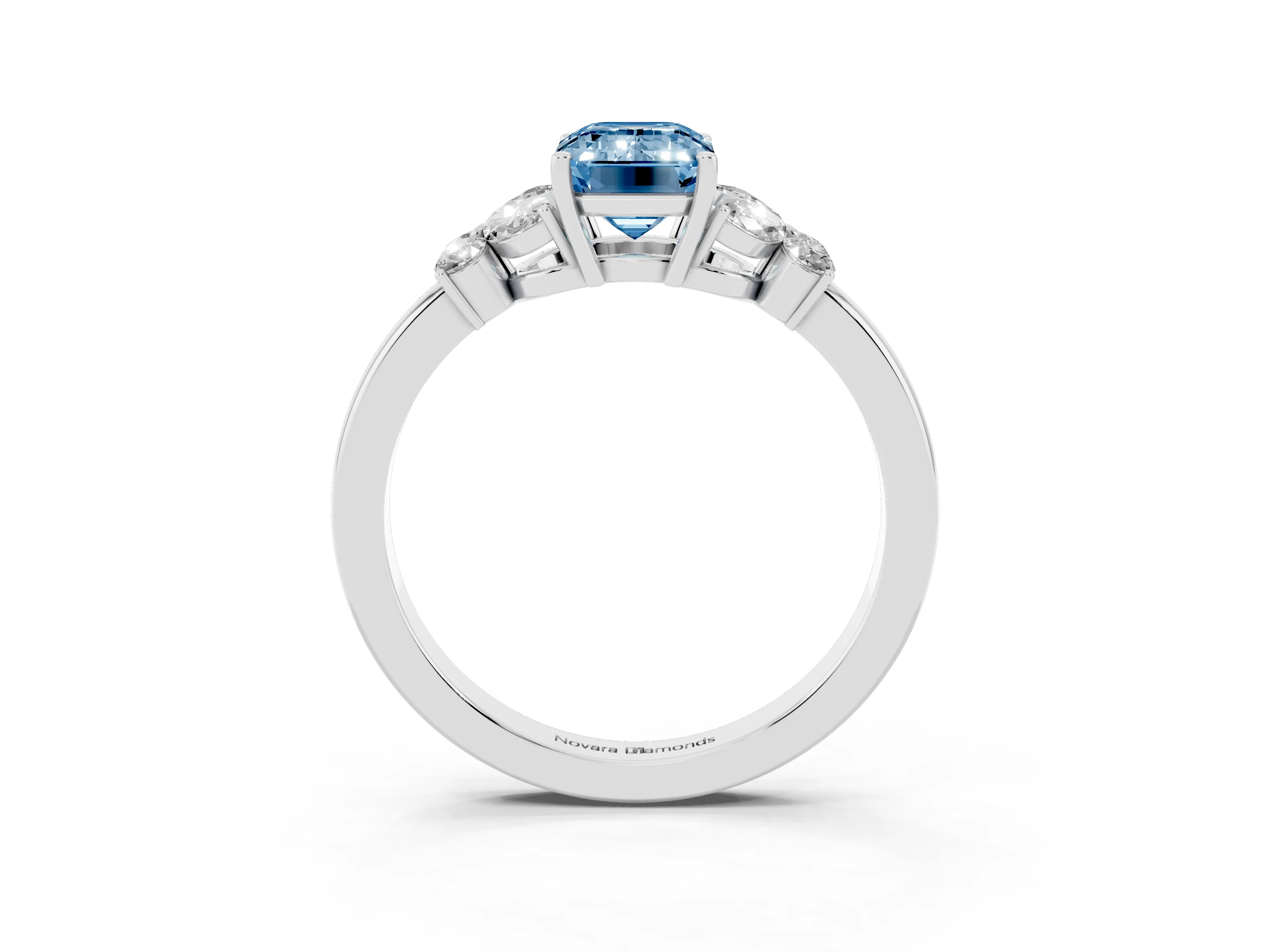 Fancy Blue Emerald Cut Diamond Solitaire Floral Ring Set in Silver with Marquise Petals and Prong Setting