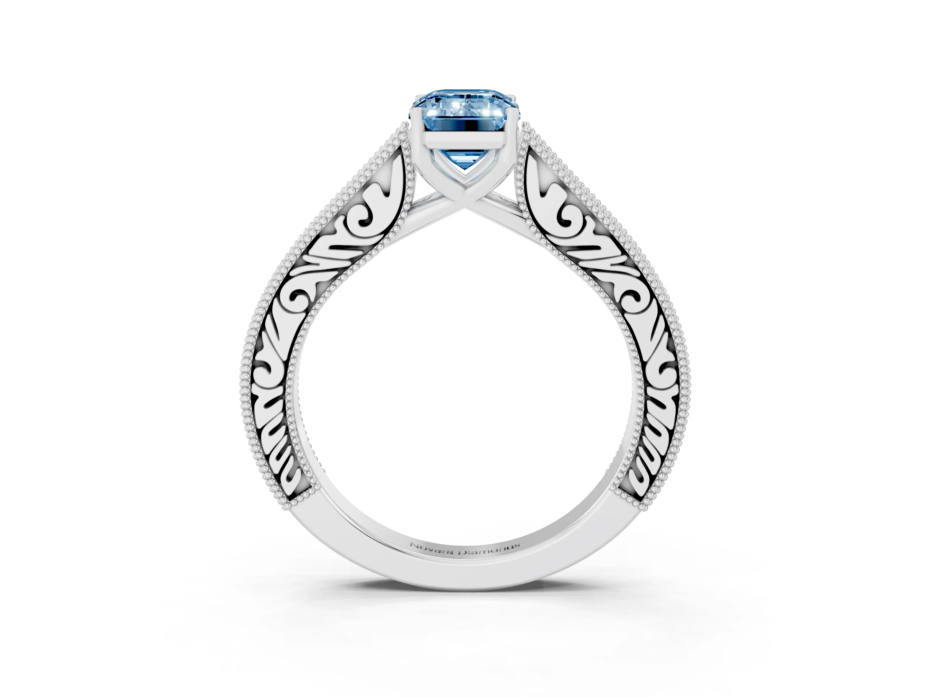 Fancy Blue Emerald Cut Diamond Milgrain Pavé Band Solitaire Ring Set in Platinum with Prong Setting