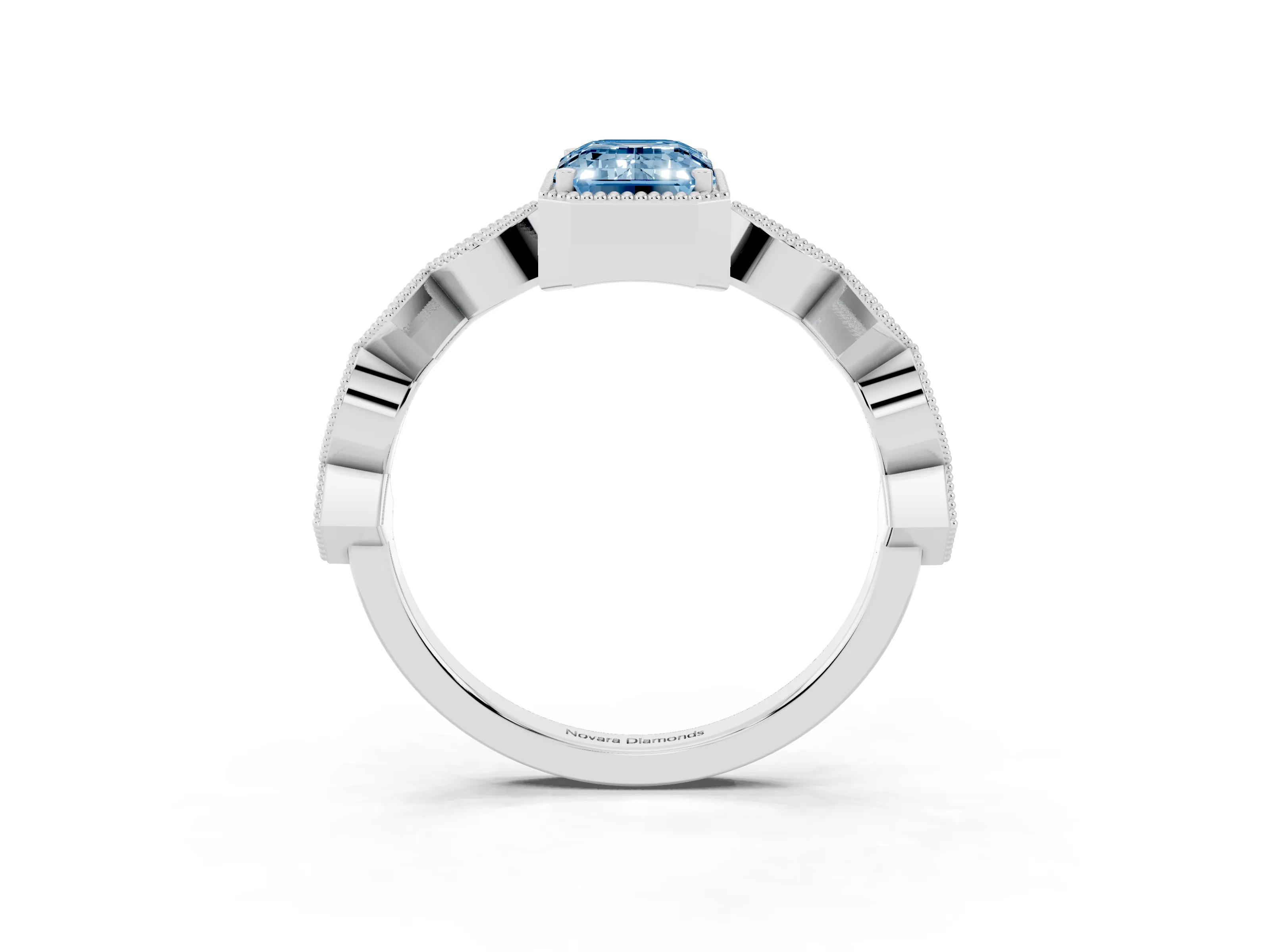 Fancy Blue Emerald Cut Diamond Milgrain Marquise Twist Band Ring Set in White gold with Prong Setting