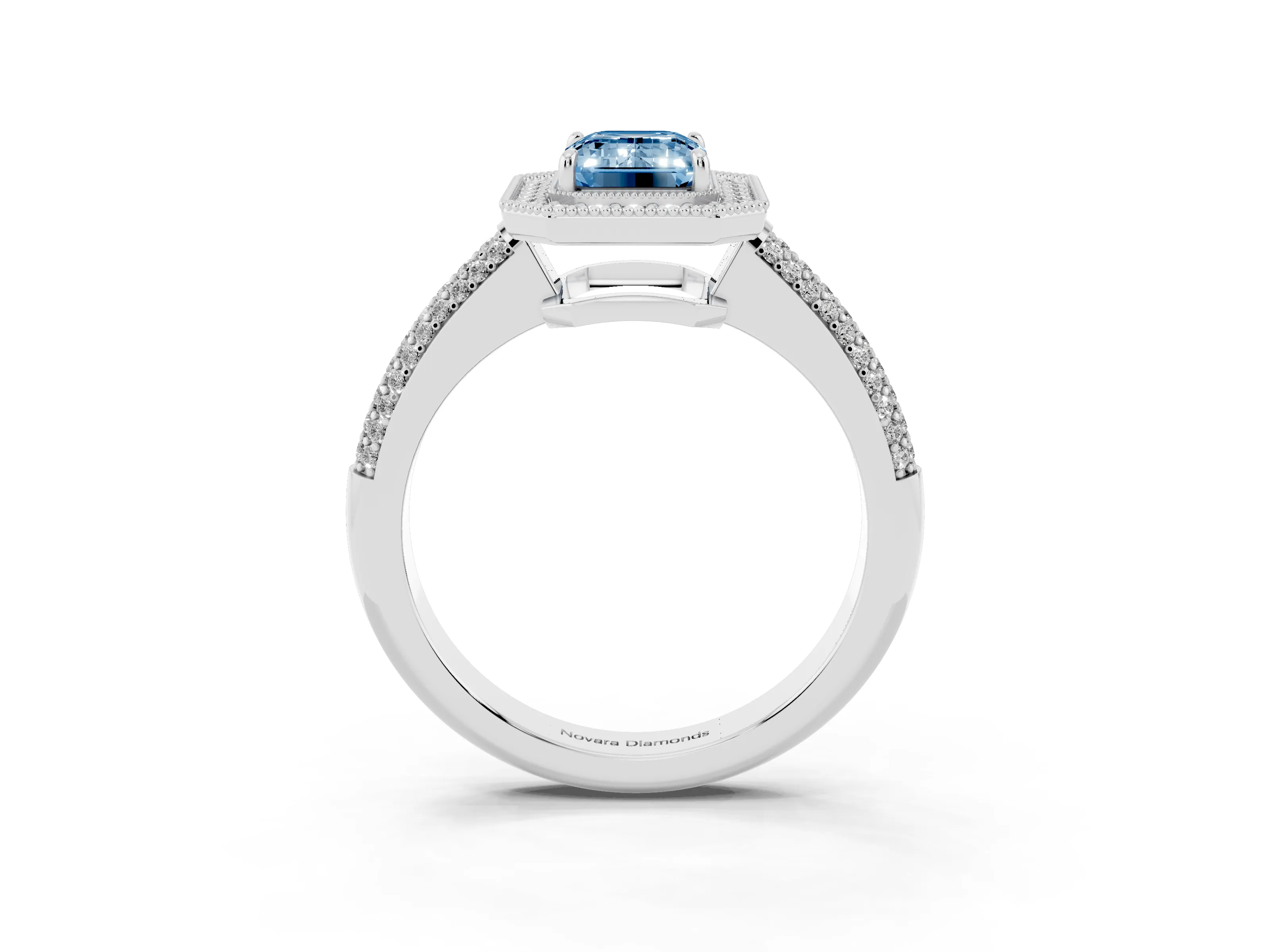 Fancy Blue Emerald Cut Diamond Halo Pavé Band Set in Platinum with Prong Setting