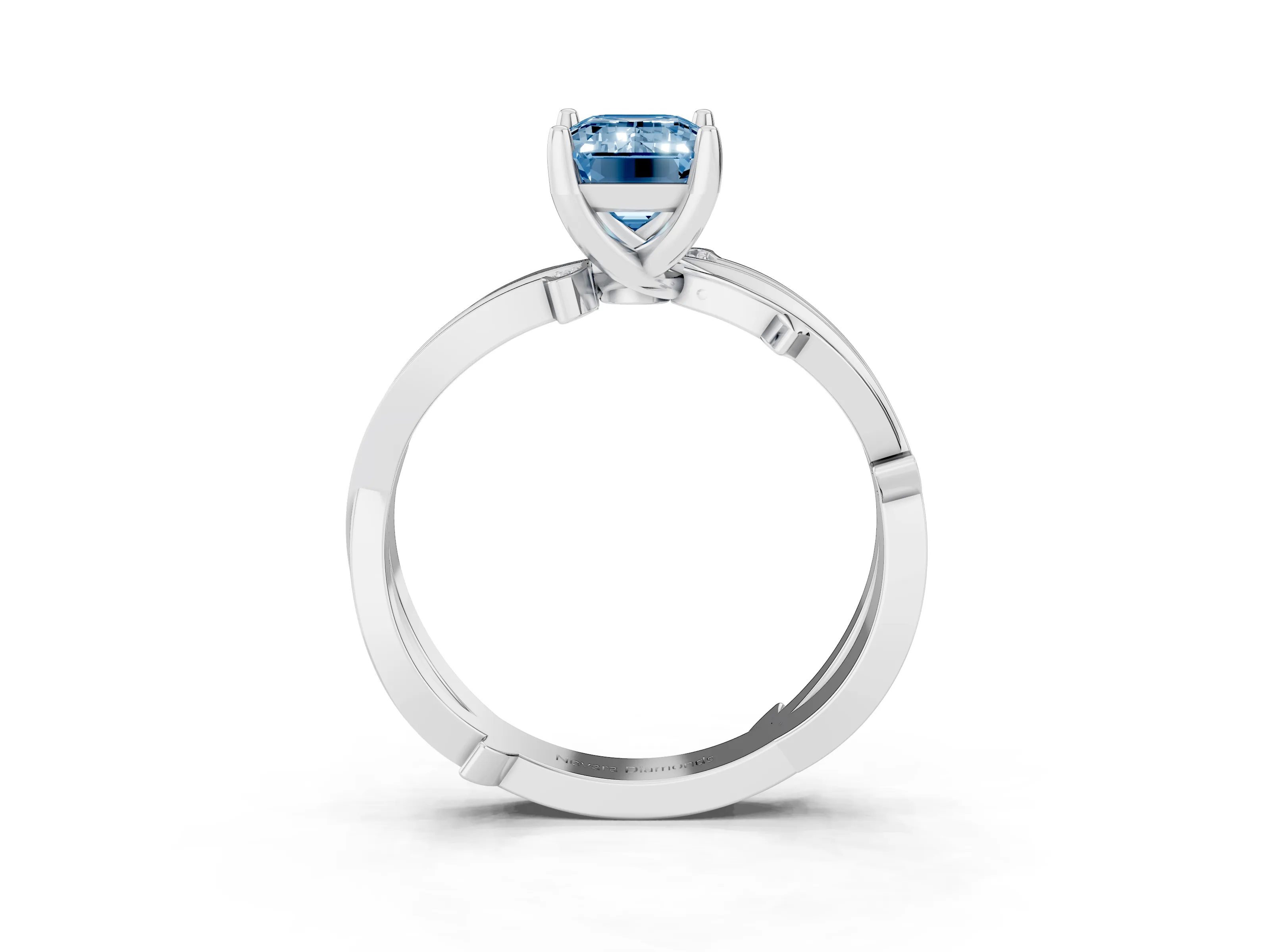 Fancy Blue Emerald Cut Diamond Pavé Twist Band Solitaire Ring Set in Silver with Prong Setting